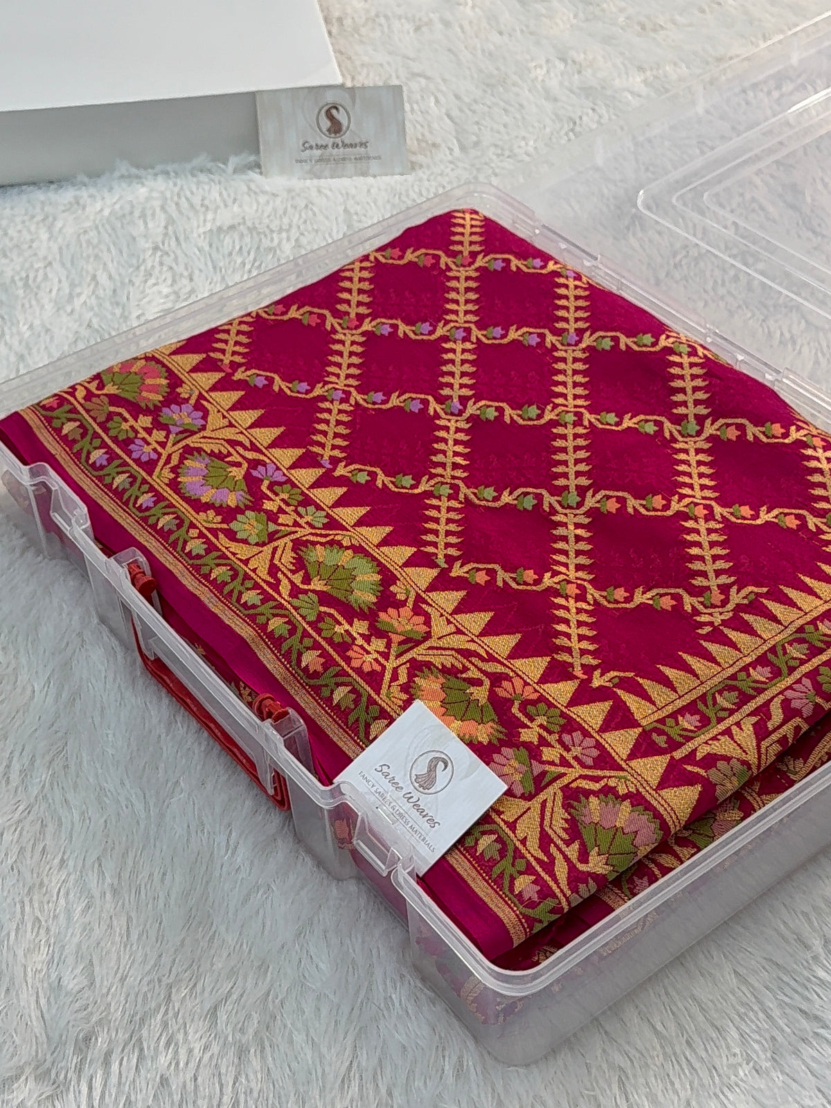 Banarasi Pure Khaddi Chiffon Saree with Meenakari Jaal Design in Rani Colour