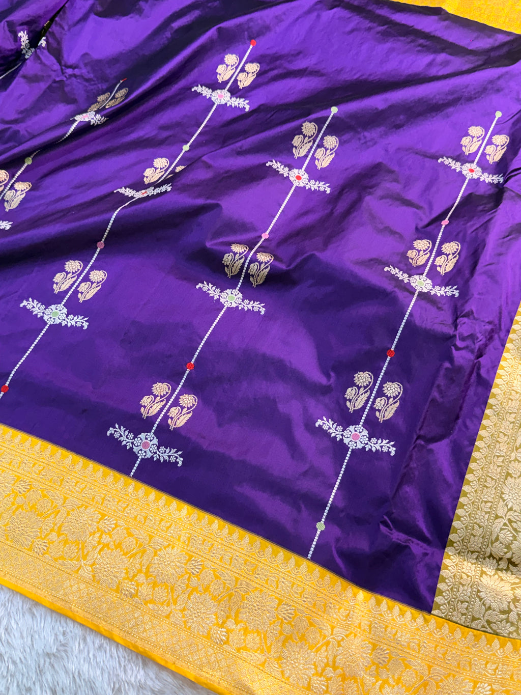 Banarasi pure katan silk saree in Magenta color with Yellow border in vertical Buta stripes, Light gold Zari coated with pure silver