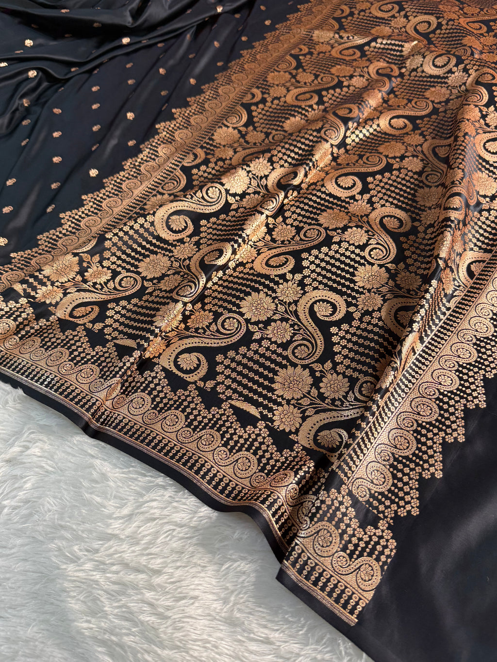 Banarasi Mashru Silk Saree in Border Motifs Design in Black Colour