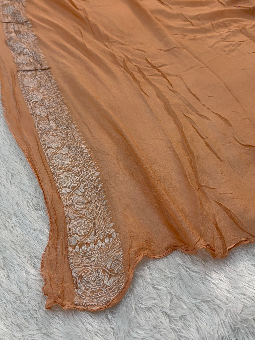 Banarasi Pure Khaddi Chiffon Saree  with Silver Zari Work with Small Motifs Pattern Design in Peach Colour