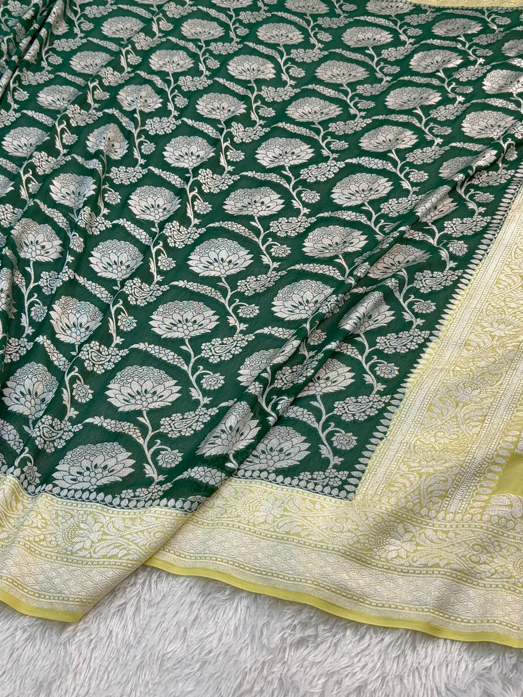 Banarasi Pure Khaddi Chiffon Saree  with Silver Zari Work In Floral Jaal Design in Dark Green and Light Lemon Colour Combination