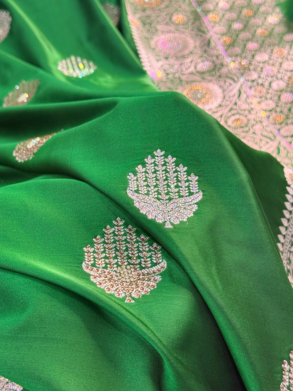 Bridal Mashru Silk Saree with Buta design in Dark Green Color Shade with Swaroski work