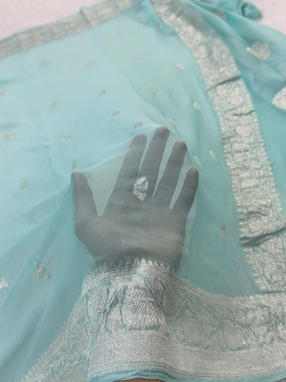 Banarasi Pure Khaddi Chiffon Saree  in Silver Zari with Small Interlocked Motifs Design in Powder Blue Colour