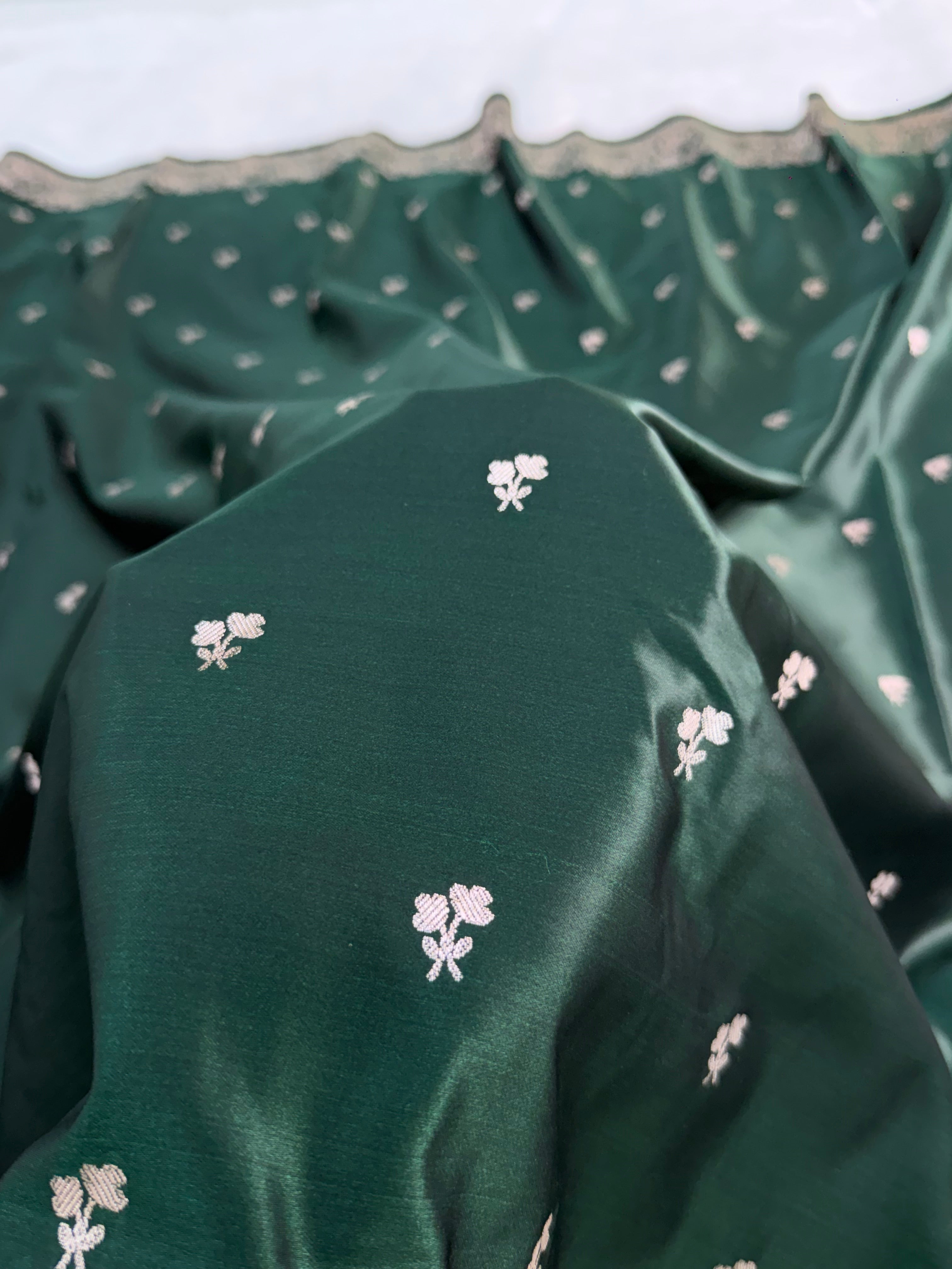 Mashru Silk Banarasi Border Buti Saree in Bottle Green color