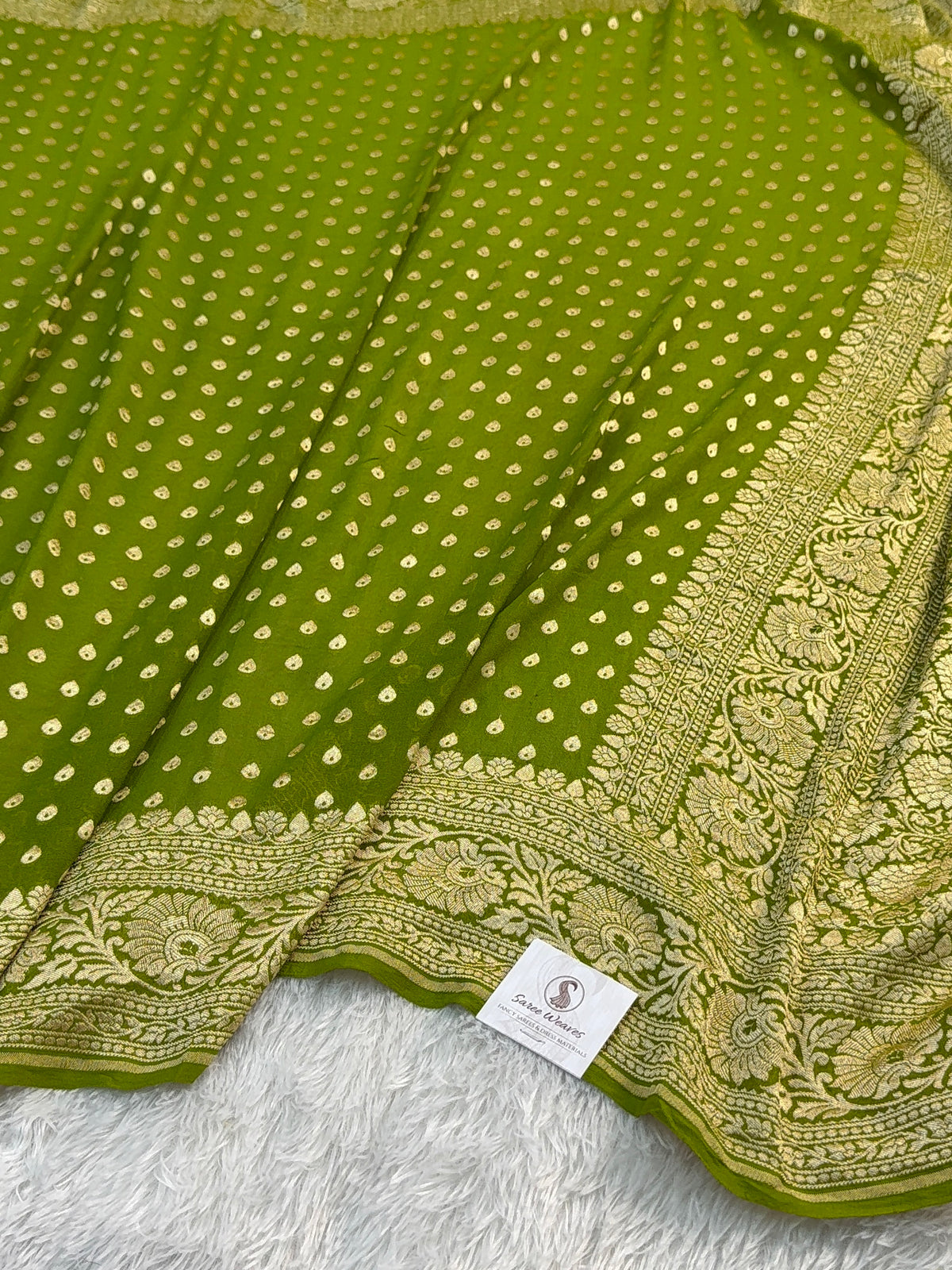 Banarasi Pure Khaddi Chiffon Saree in Border and Buti Design in Mango Green Colour