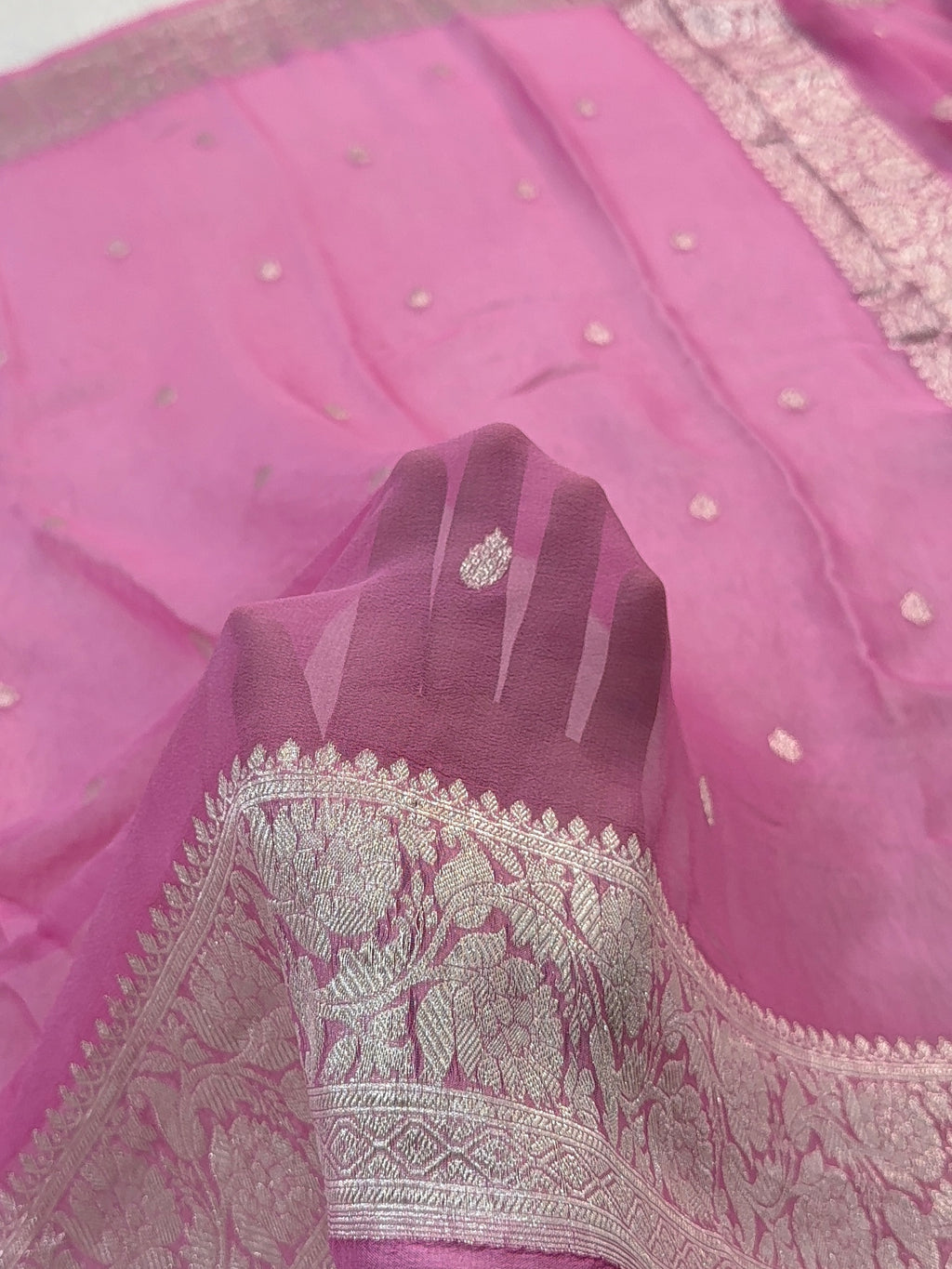 Banarasi Pure Khaddi Chiffon Saree  in Silver Zari with Small Interlocked Motifs Design in Pink Colour