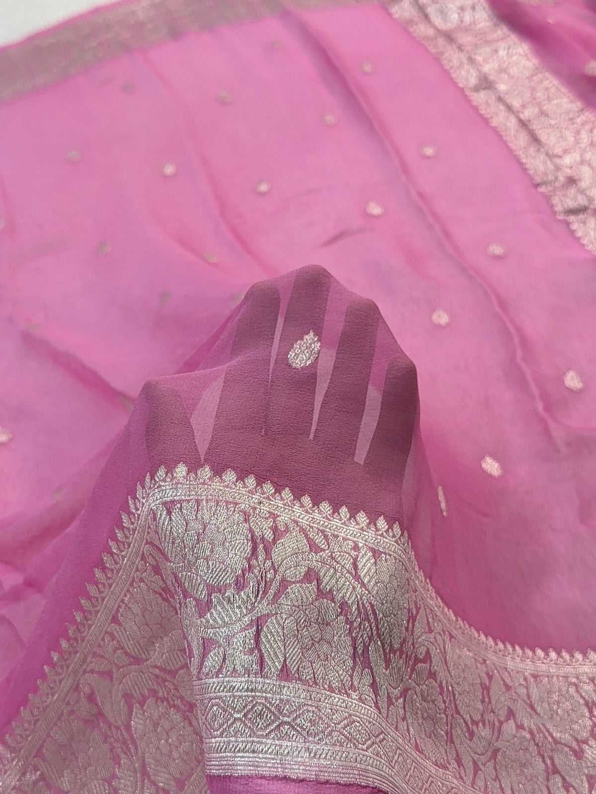 Banarasi Pure Khaddi Chiffon Saree  in Silver Zari with Small Interlocked Motifs Design in Pink Colour
