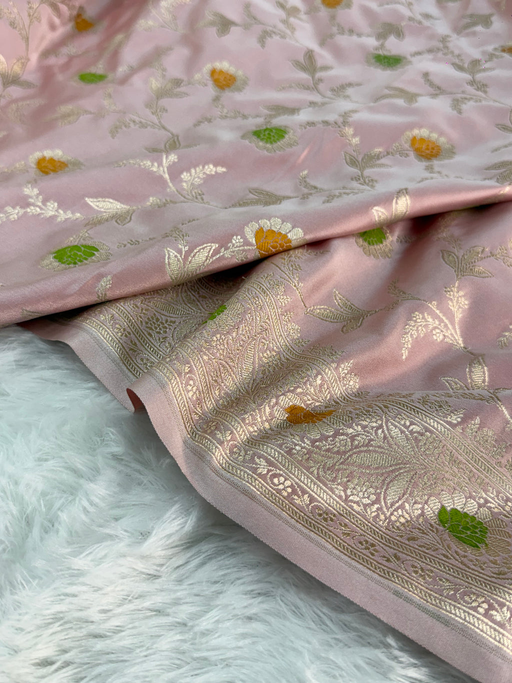 Banarasi Mashru Silk Saree Intricate Meenakari Jaal Design in Light Pink color