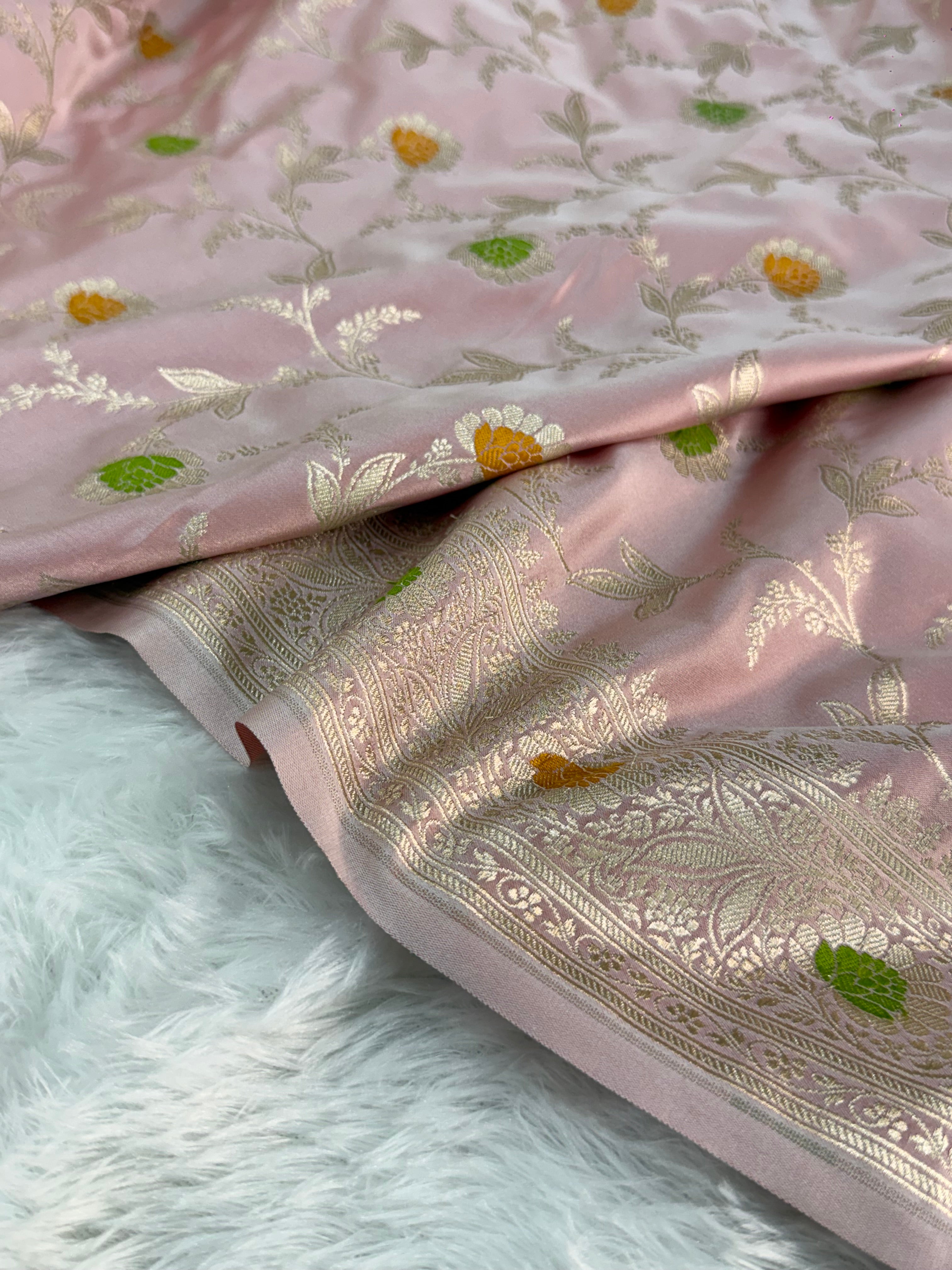 Banarasi Mashru Silk Saree Intricate Meenakari Jaal Design in Light Pink color