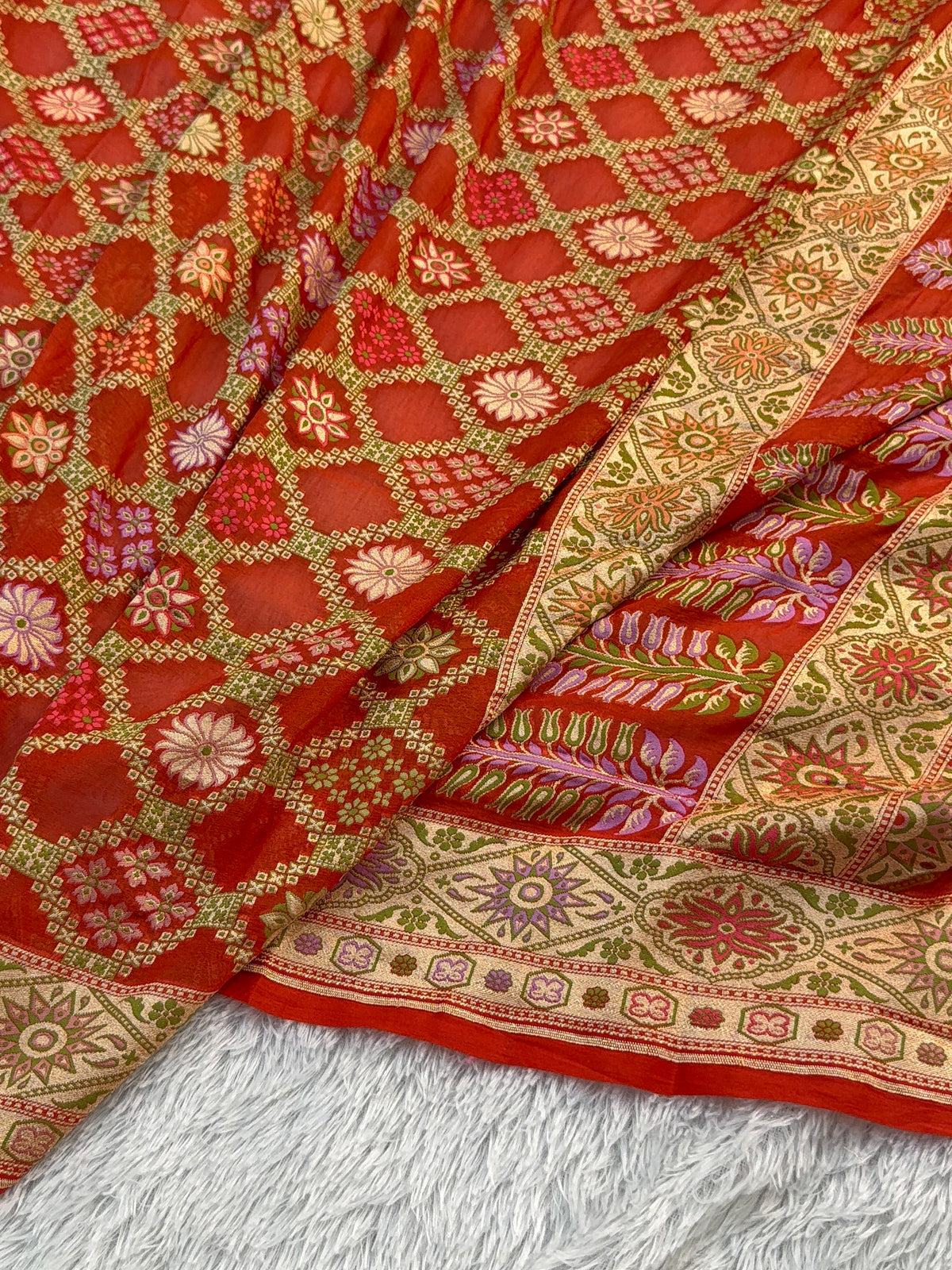 Banarasi Pure Khaddi Chiffon Saree with Meenakari Geometrical Jaal Design in Orange Colour