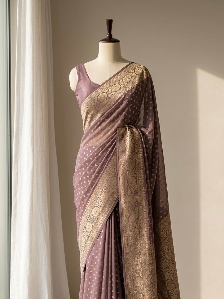 Banarasi Pure Khaddi Chiffon Saree in Border and Buti Design in Deep Purple Colour