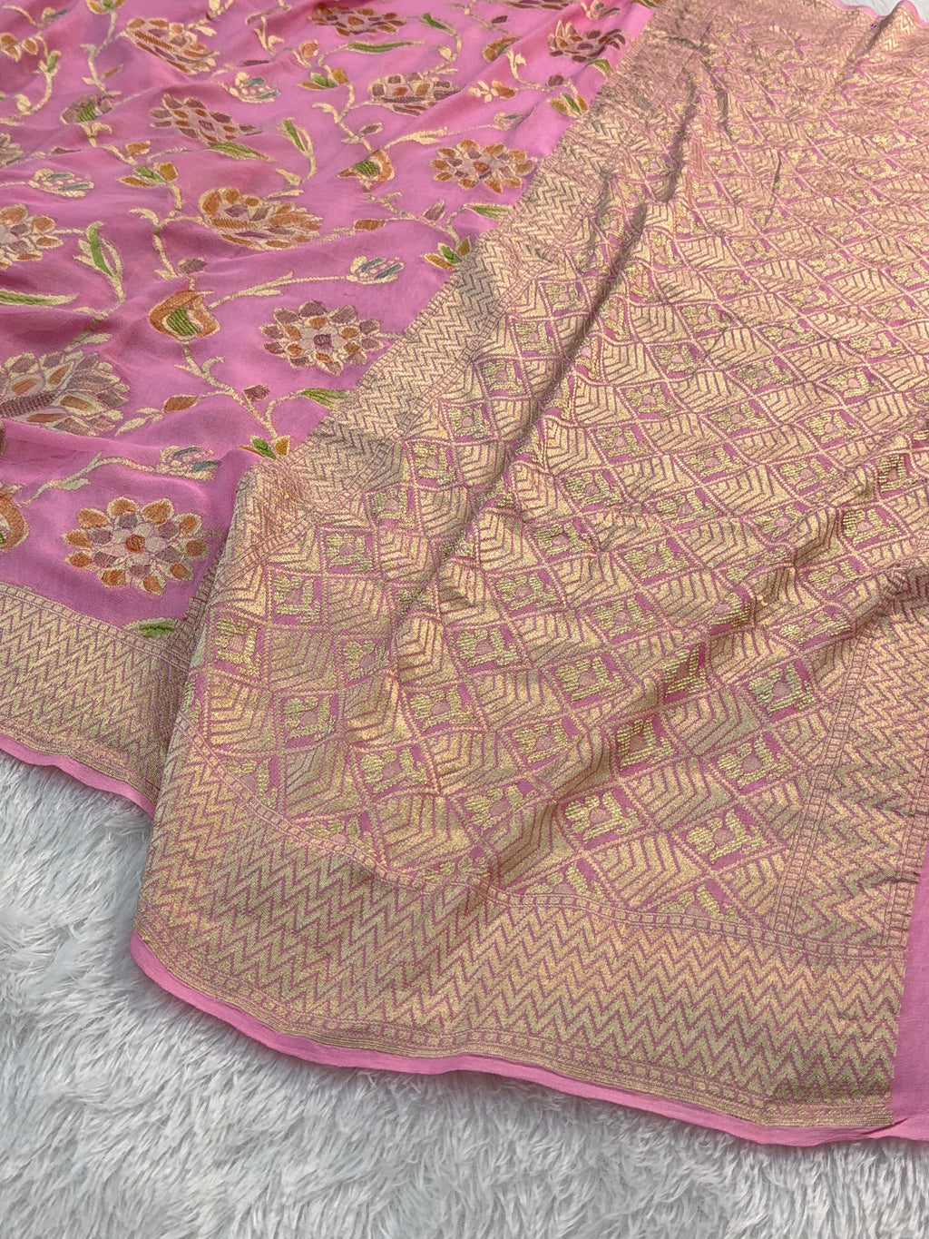 Banarasi Pure Khaddi Chiffon Saree  with Light Gold Zari Work In Floral Jaal Design with Meenakari by handbrush in Light Pink Colour