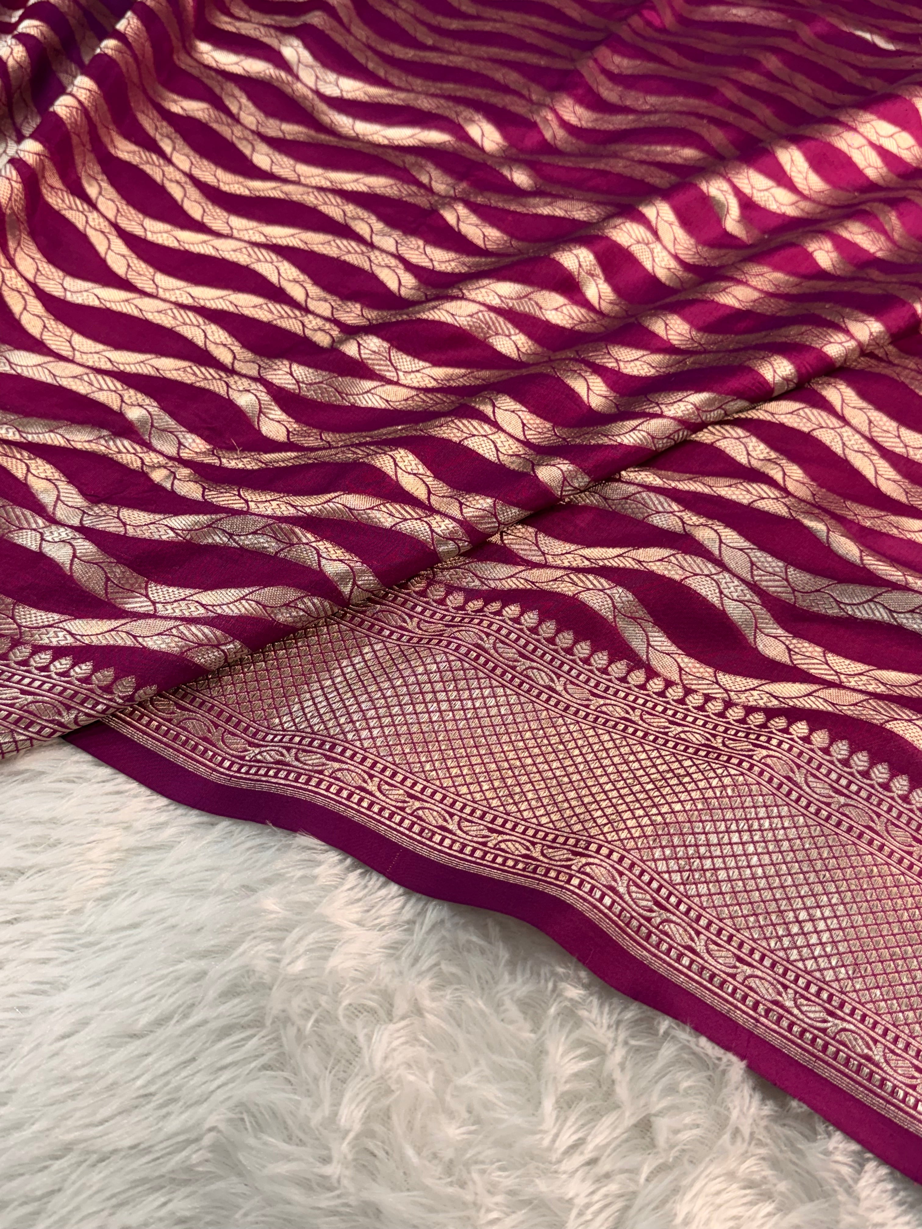 Banarasi pure katan silk saree in wine color with vertical stripes, Light gold Zari coated with pure silver