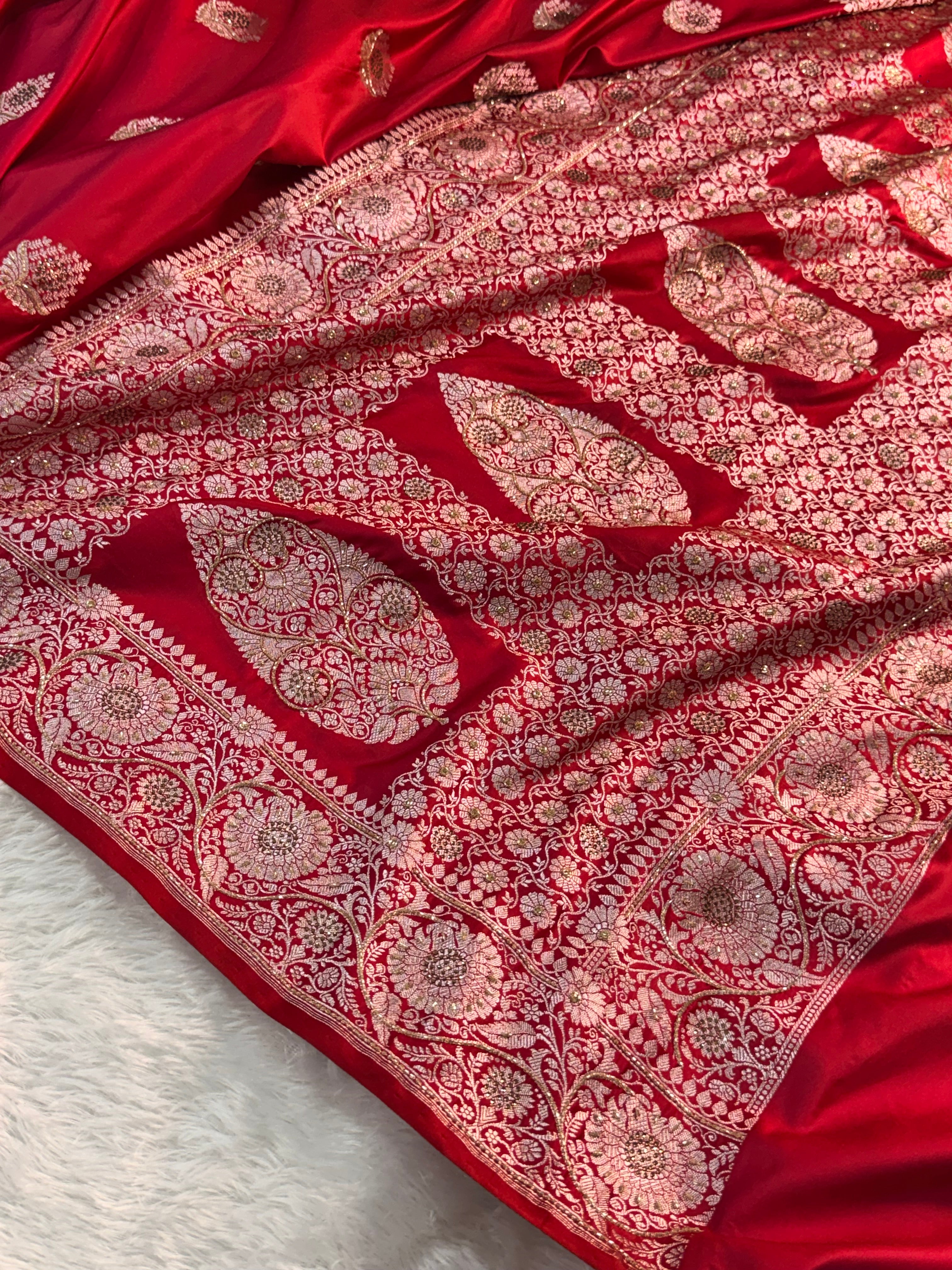 Bridal Mashru Silk Saree with Buta design in Red Color Shade with Swaroski and zardozi work