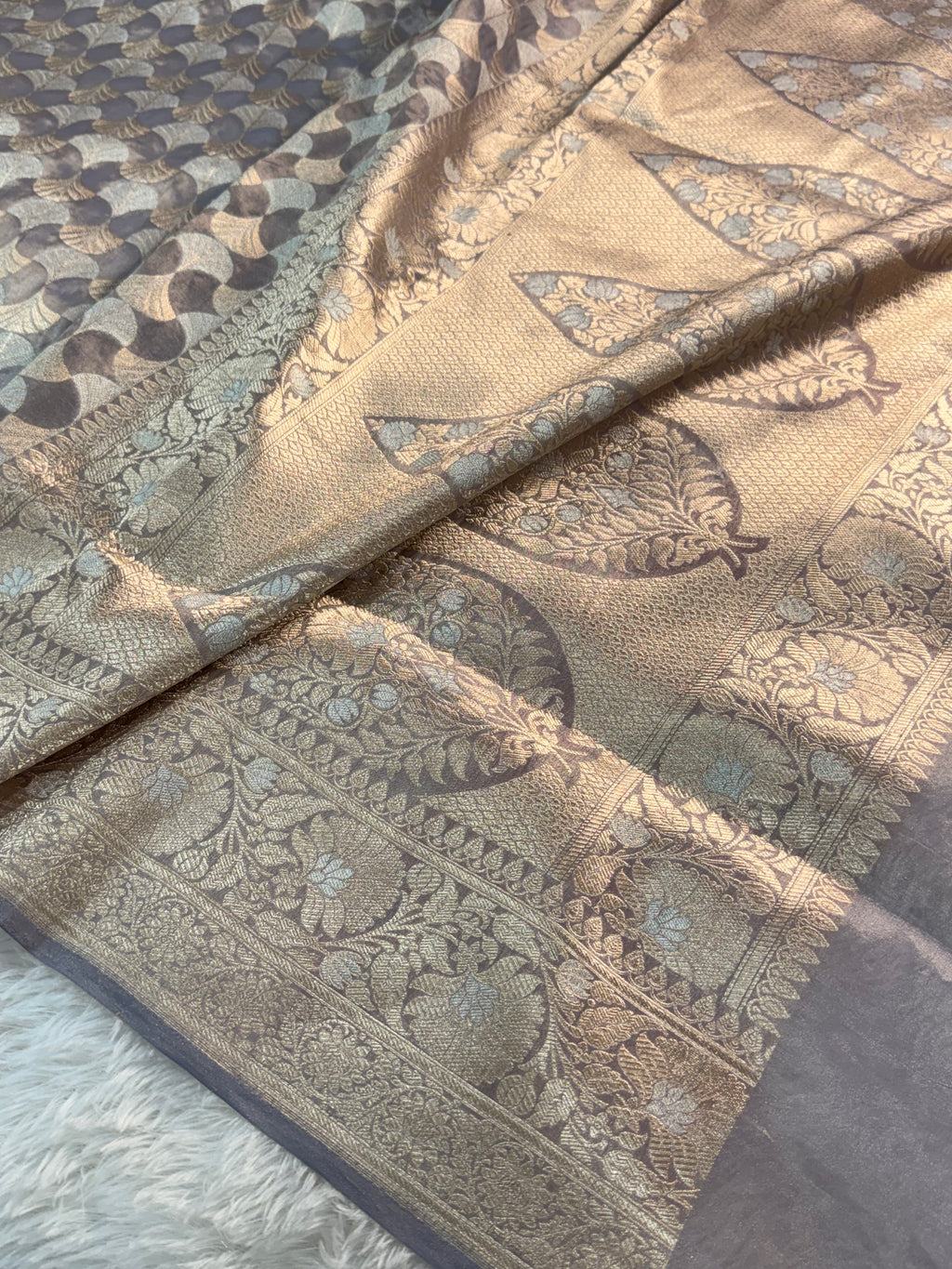 Banarasi Pure Tissue Silk Saree with silver and gold Zari work in Dark Grey Colour