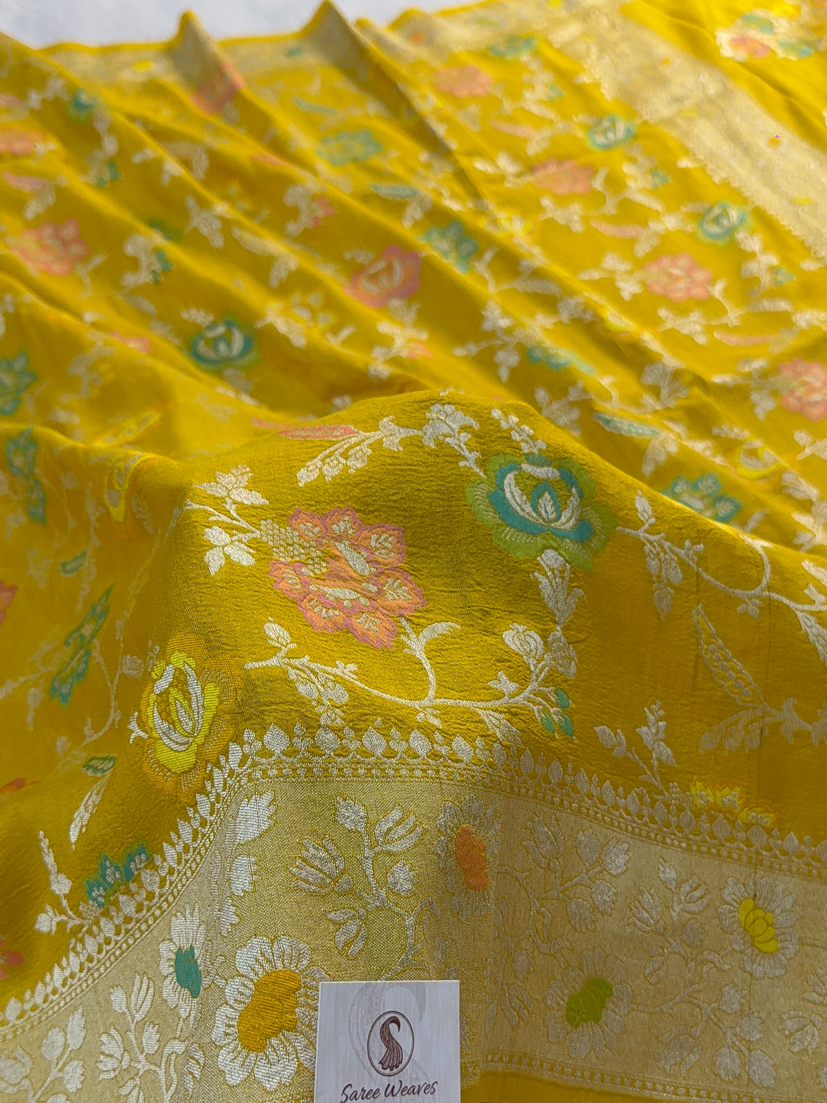 Pure Desi Tussar Silk Saree with Meenakari Floral Jaal Pattern in Yellow Color