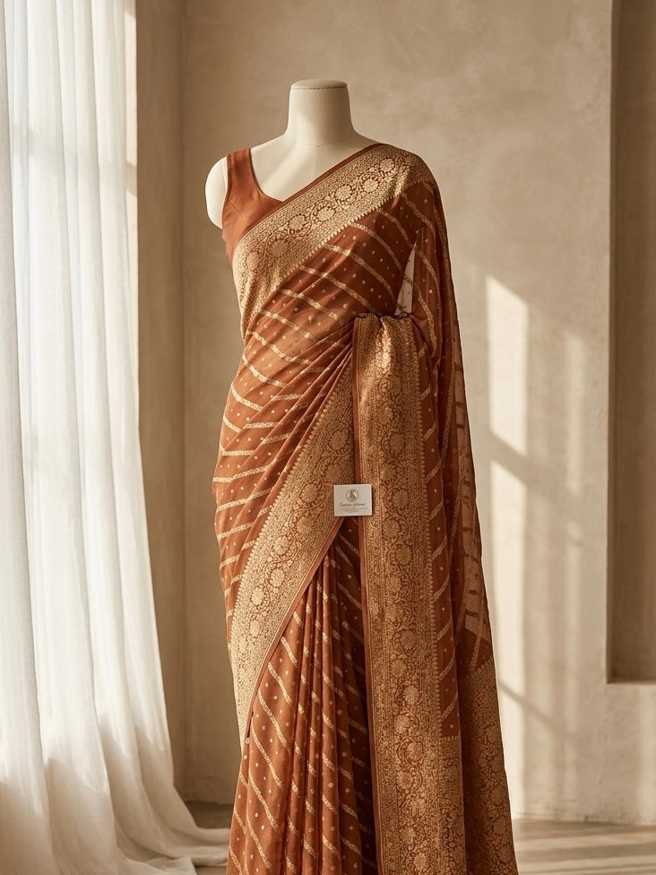 Banarasi Pure Khaddi Chiffon Saree in Aada Design in Copper Brown Colour