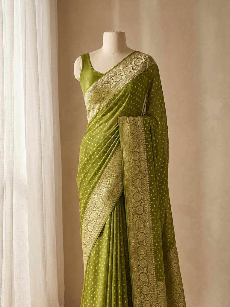 Banarasi Pure Khaddi Chiffon Saree in Border and Buti Design in Mango Green Colour