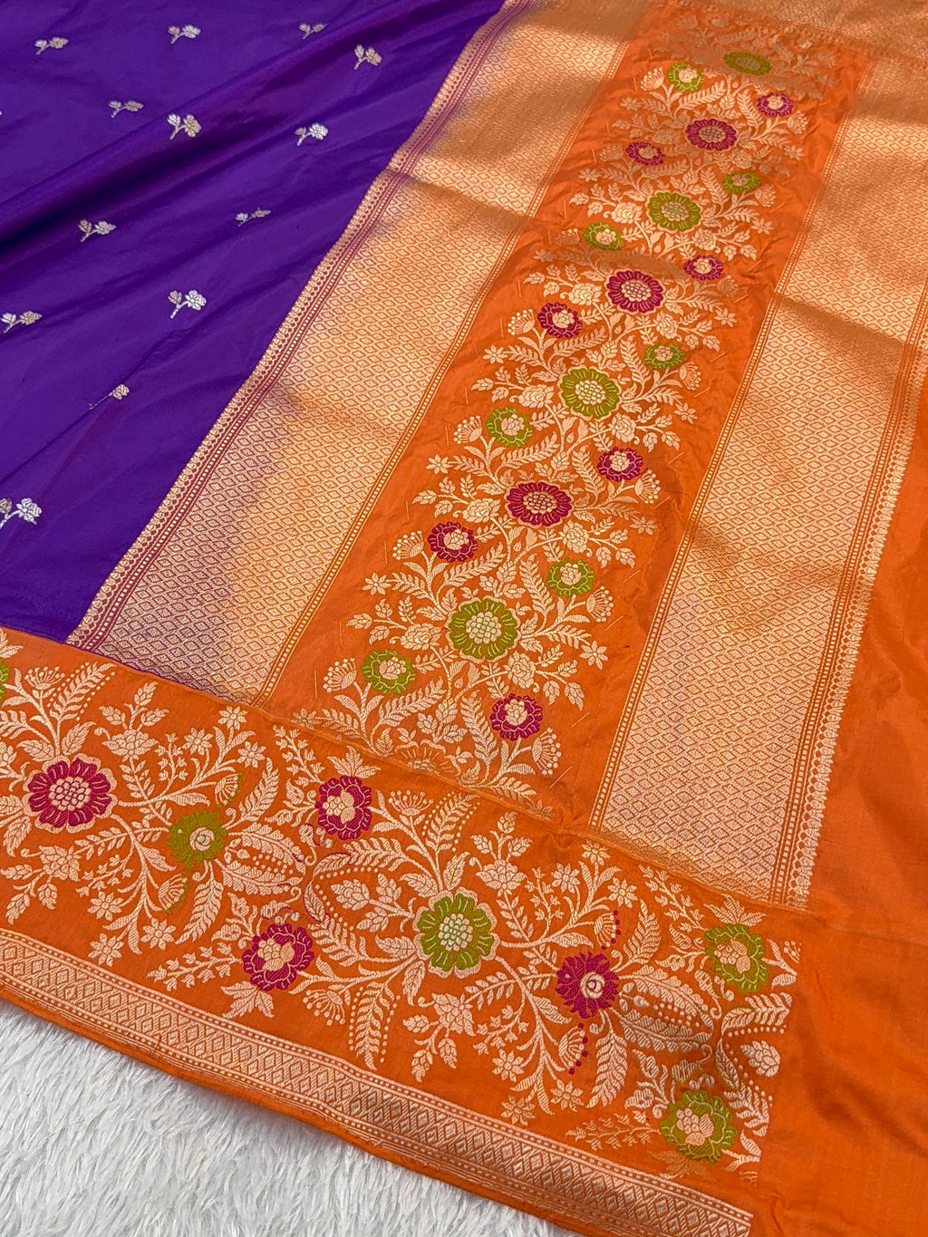 Handwoven pure Katan Silk Saree in Purple Colour in Motifs design With Saperatively Woven Contrast Border with Meenakari Jaal Design in Orange Colour