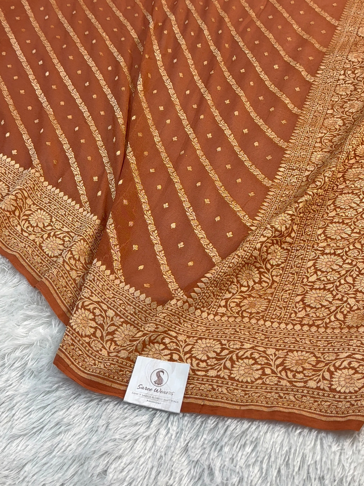 Banarasi Pure Khaddi Chiffon Saree in Aada Design in Copper Brown Colour