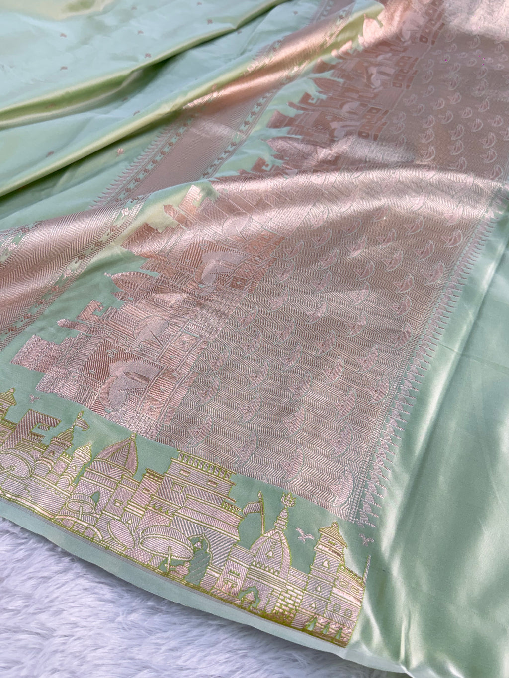 Banarasi Mashru Silk Saree with kashi ghat design in Light Pista color