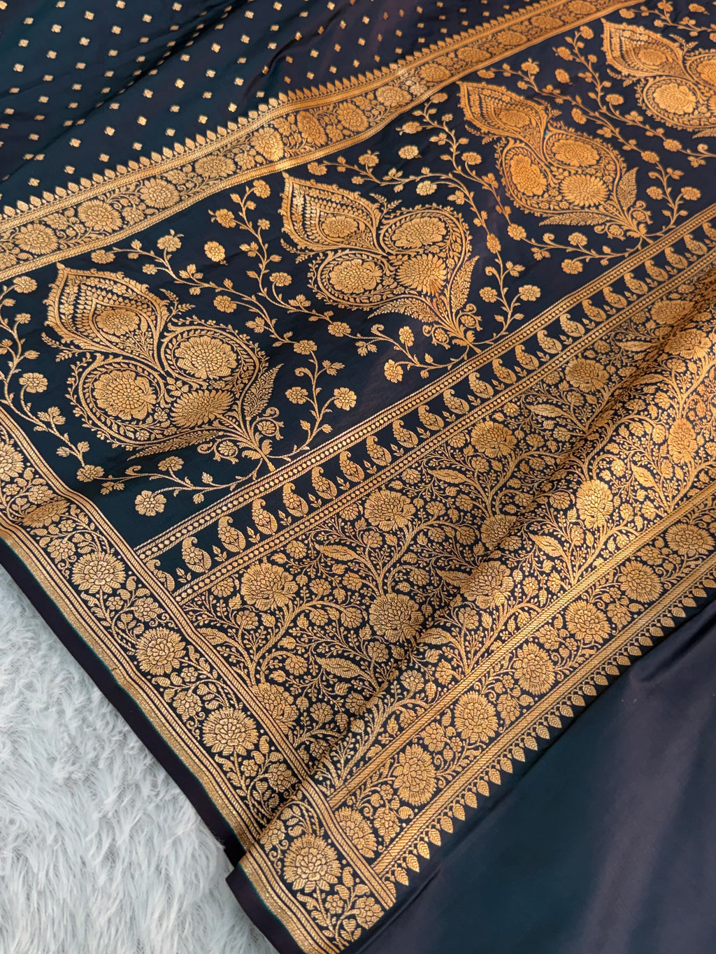 Mashru katan Silk Saree With Buti Design In peacock Colour