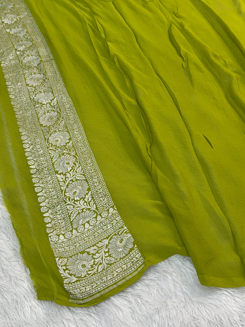 Banarasi Pure Khaddi Chiffon Saree in Zari Jaal  Design in Rusty Green Colour