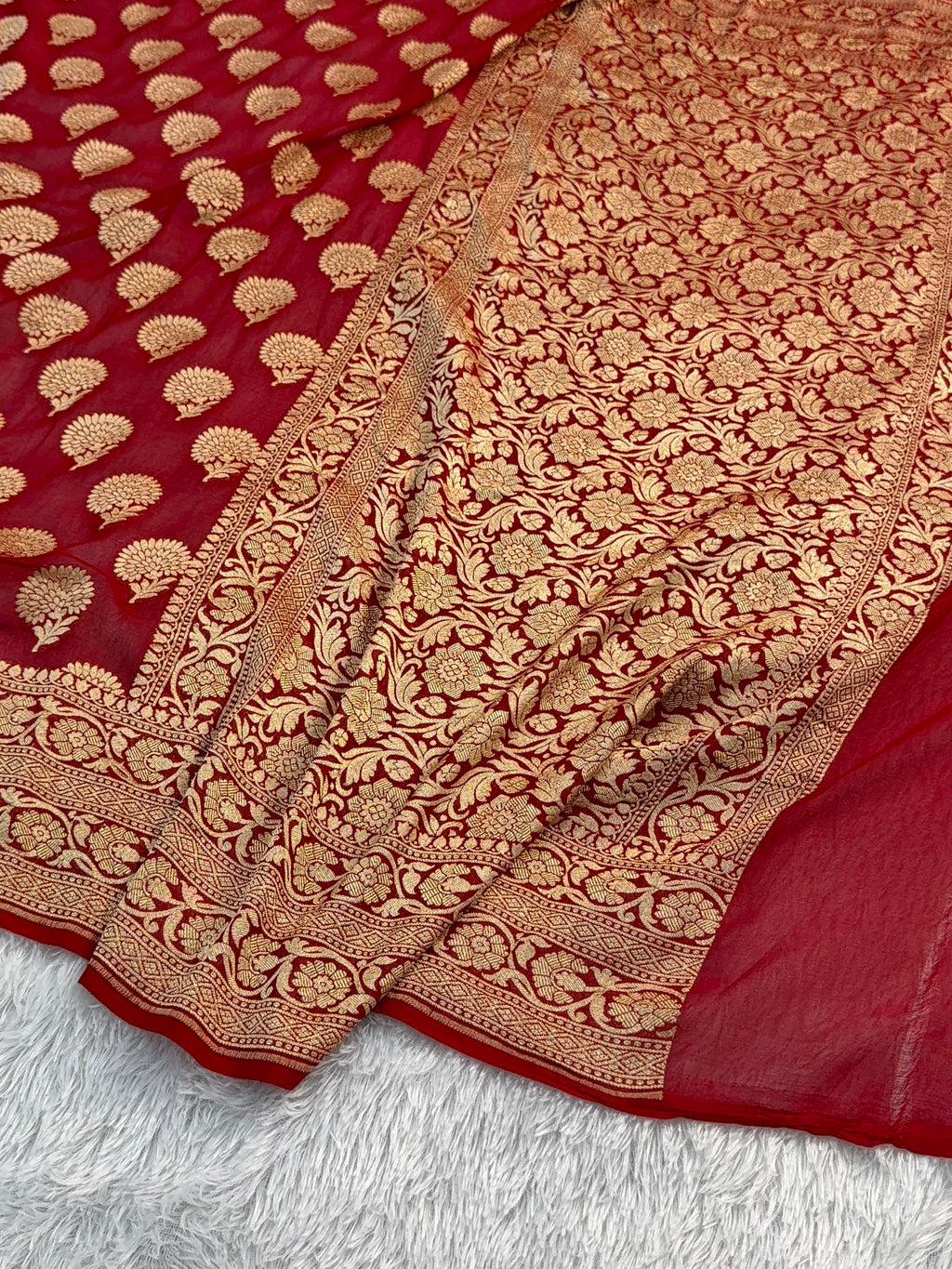 Banarasi Pure Khaddi Chiffon Saree in Floral Buta Design in Deep Maroon Colour