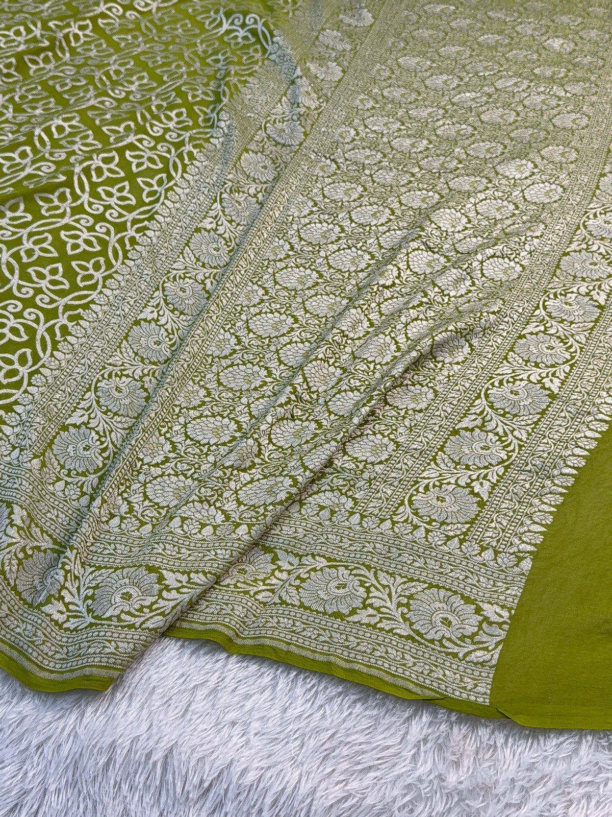 Banarasi Pure Khaddi Chiffon Saree in Zari Jaal  Design in Rusty Green Colour