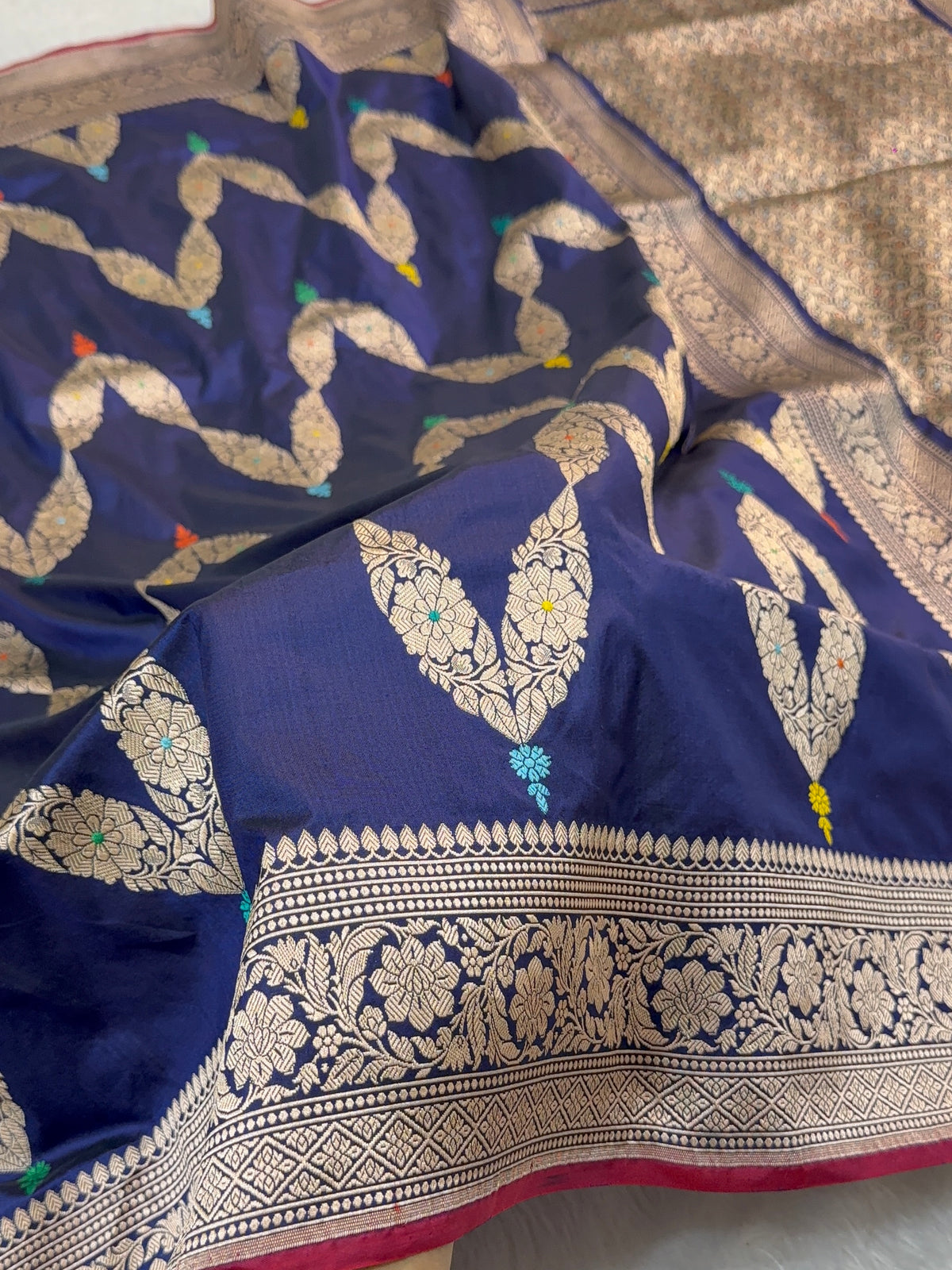 Handwoven Pure Katan Silk Saree in Jewellery Design pattern with meenakari in Light Gold Zari Work in Navy Blue Colour