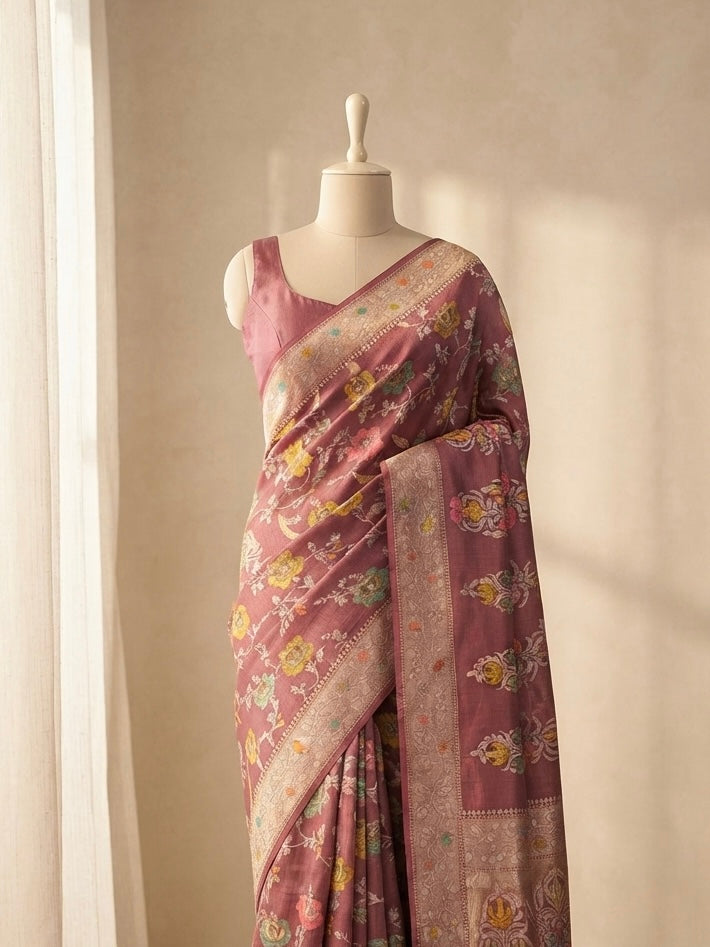 Pure Desi Tussar Silk Saree with Meenakari Floral Jaal Pattern in Wine Colour