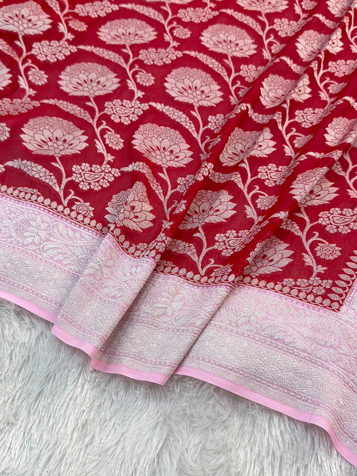 Banarasi Pure Khaddi Chiffon Saree  with Silver Zari Work In Floral Jaal Design in Red and Light Pink Colour Combination