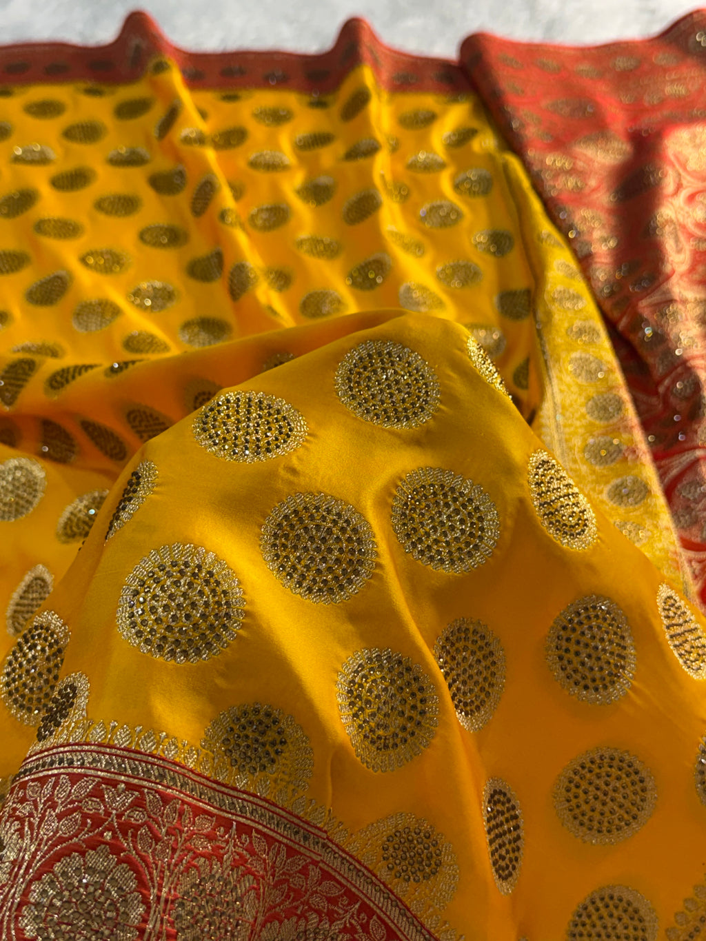 Bridal Mashru Silk Saree with Swaroski Gola work in all over in contrast colour