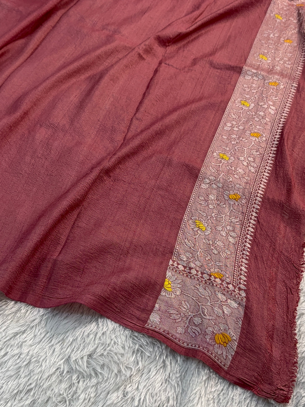 Pure Desi Tussar Silk Saree with Meenakari Floral Jaal Pattern in Wine Colour
