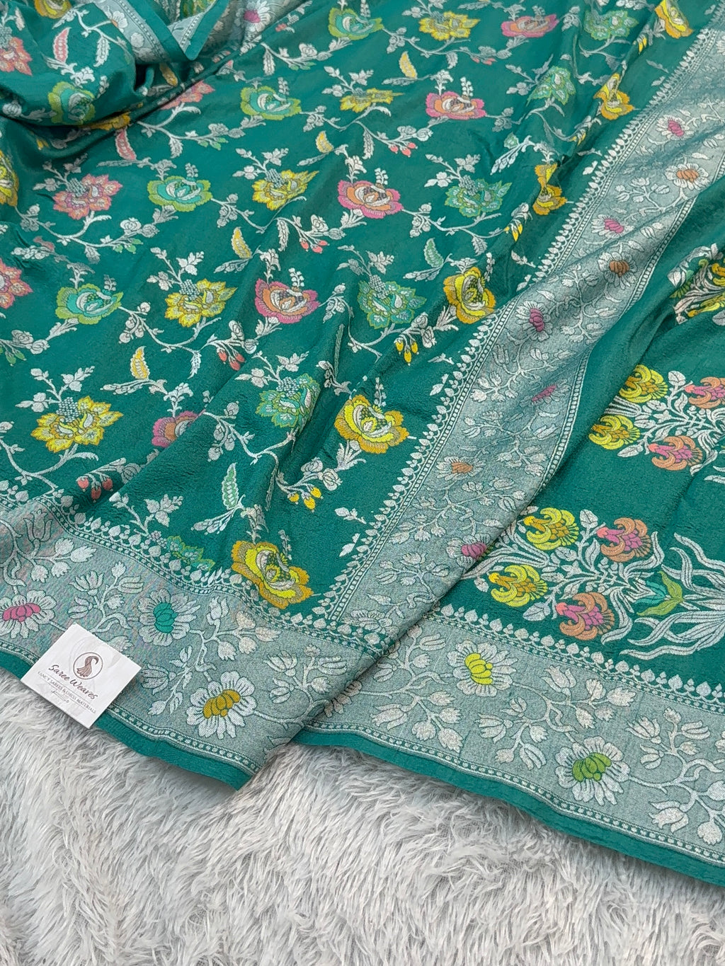Pure Desi Tussar Silk Saree with Meenakari Floral Jaal Pattern in Sea Green Colour