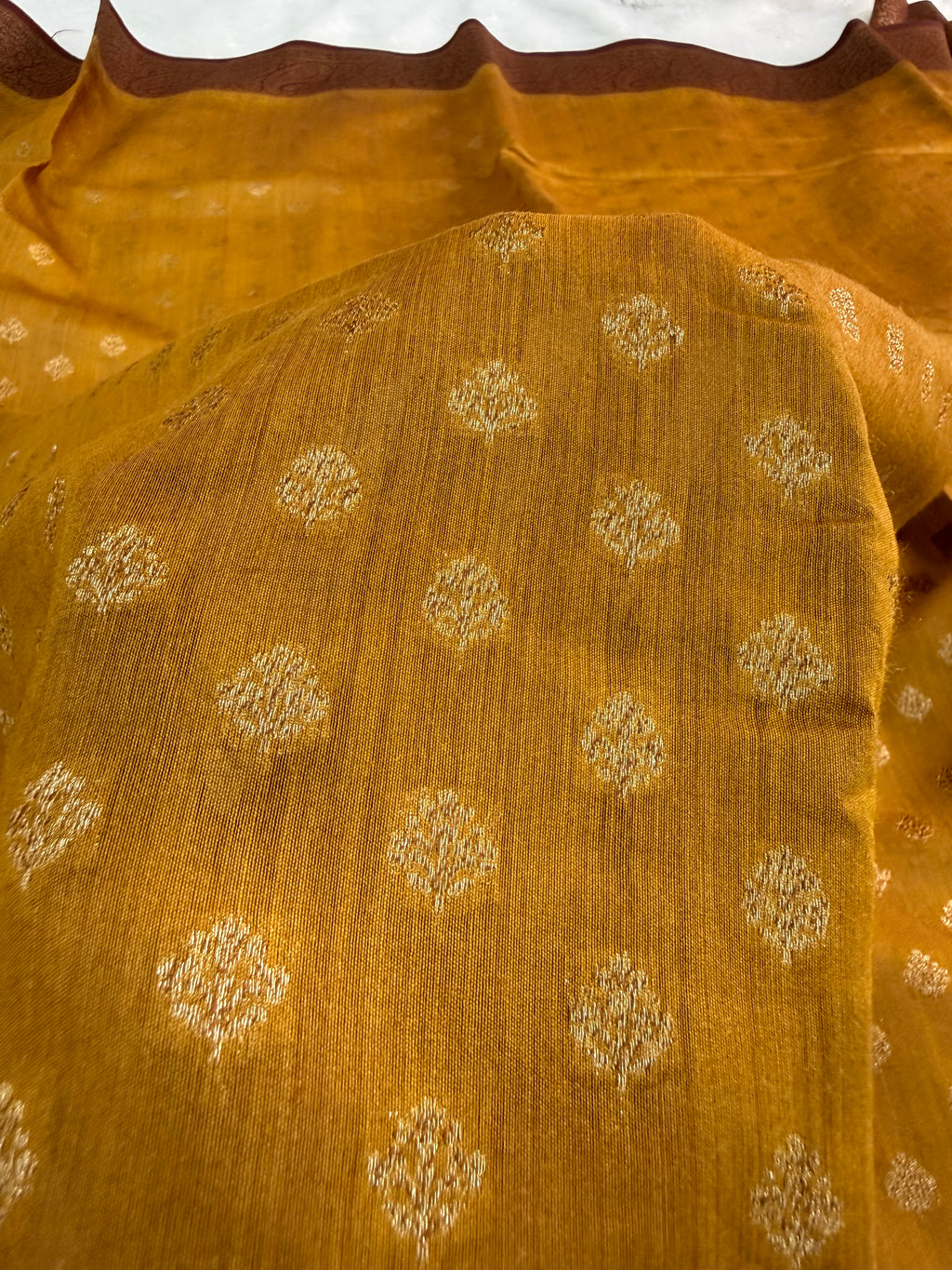 Banarasi Pure Monga Silk saree in contrast mustard and maroon color combination