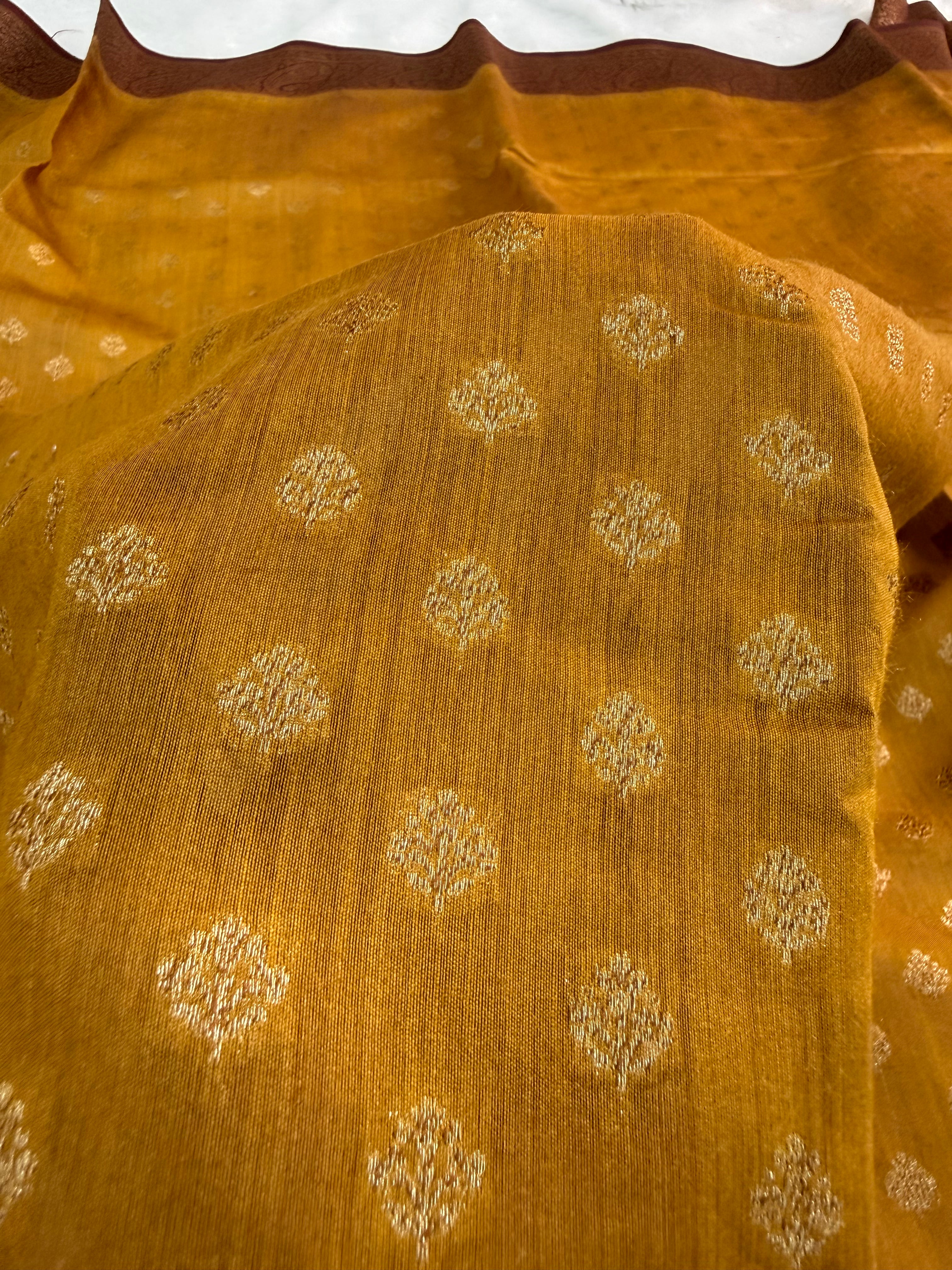 Banarasi Pure Monga Silk saree in contrast mustard and maroon color combination
