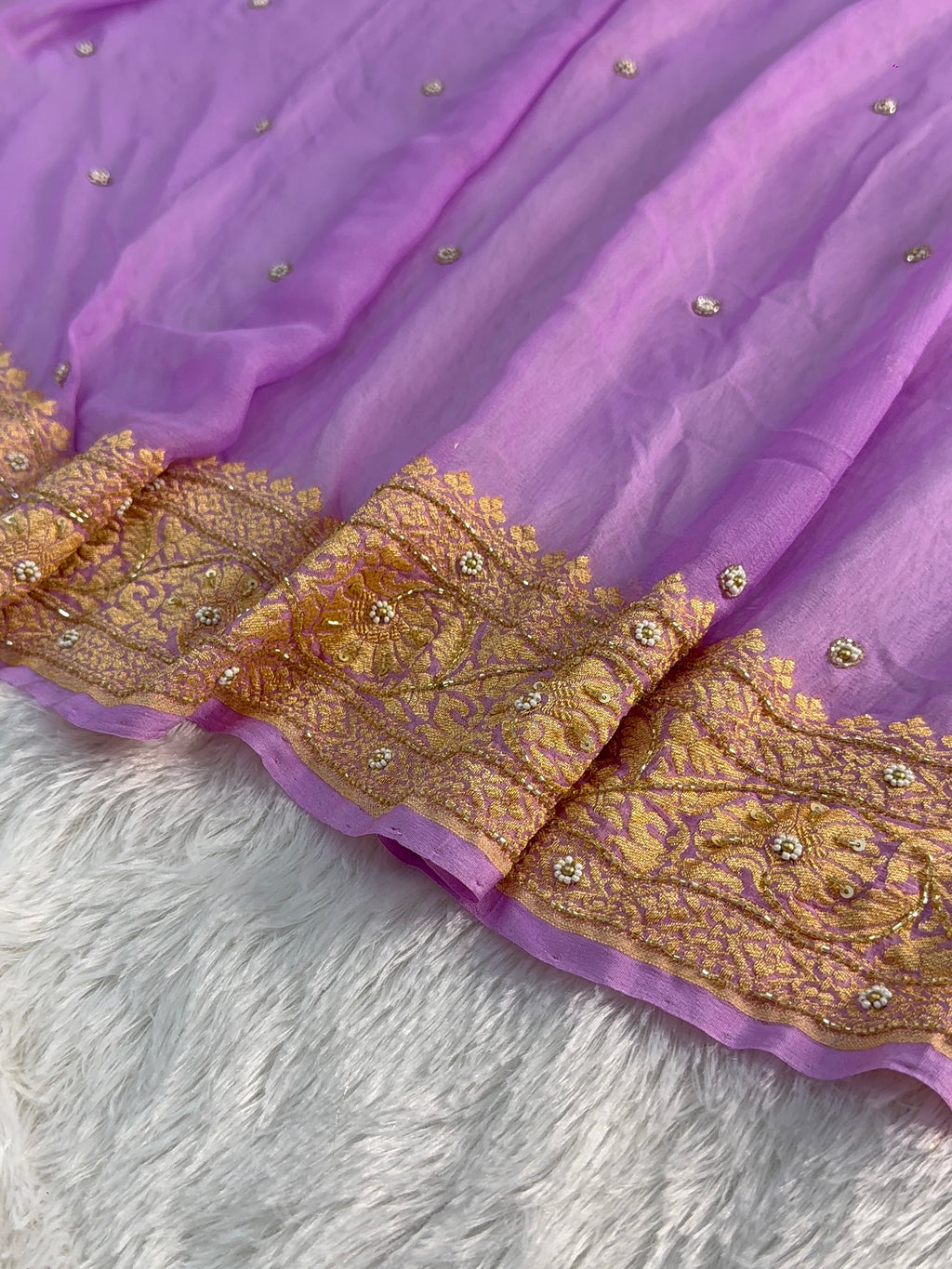 Banarasi Pure Khaddi Shiffon Saree with Zardozi Handwork all over in Lavender Colour