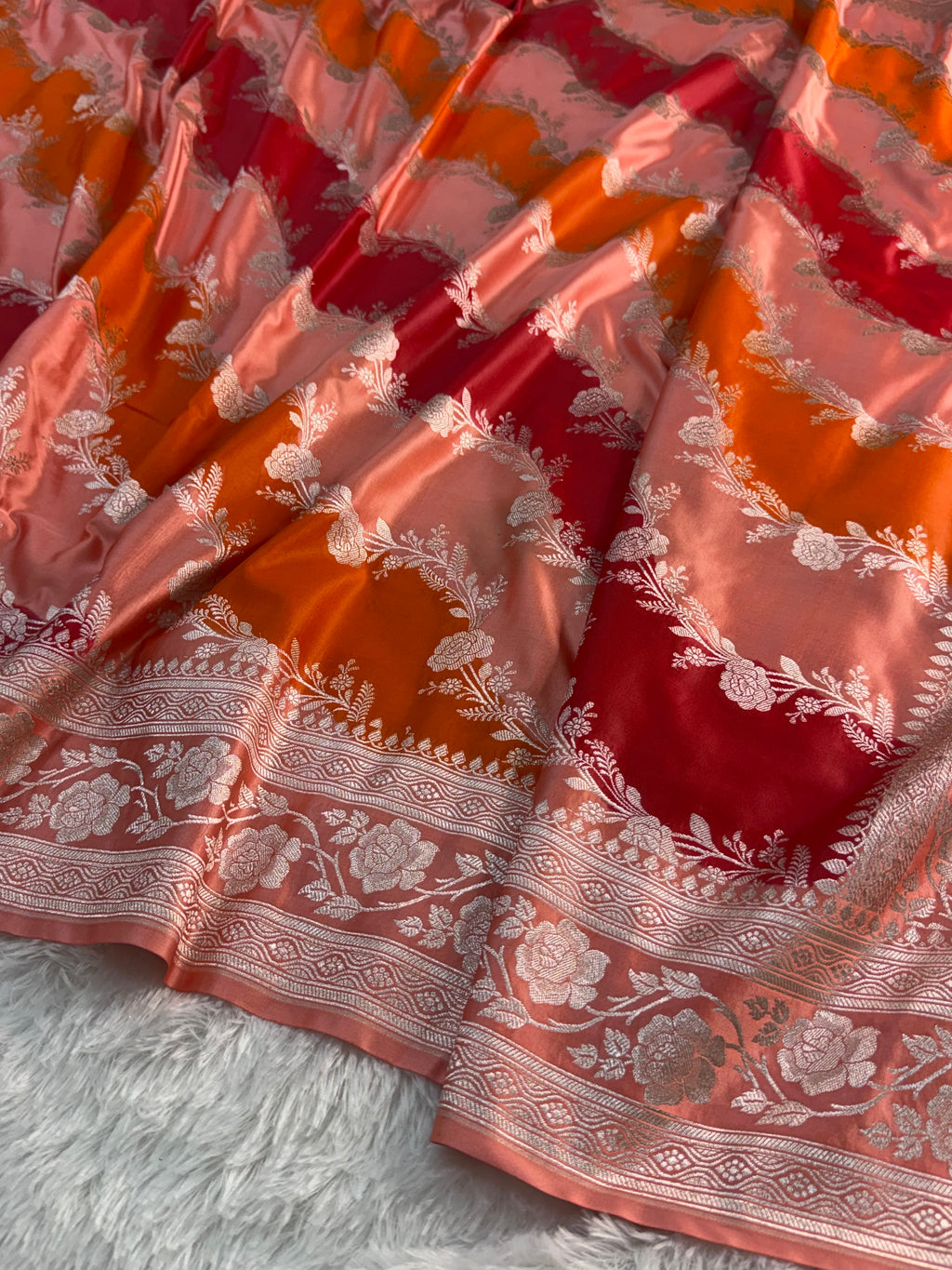 Banarasi mashru silk rangkat saree in aada pattern design in peach, orange, red colour
