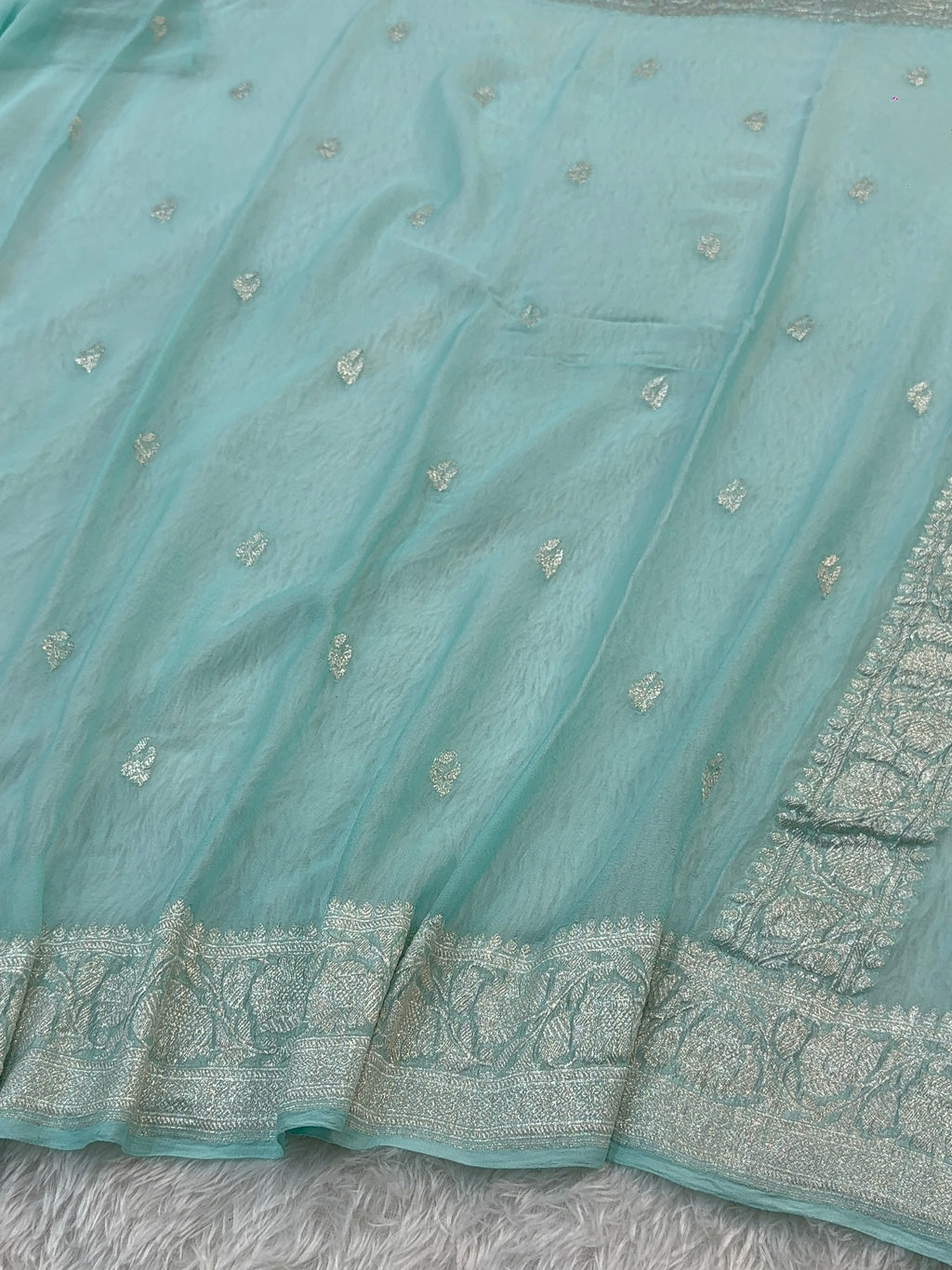 Banarasi Pure Khaddi Chiffon Saree  in Silver Zari with Small Interlocked Motifs Design in Powder Blue Colour