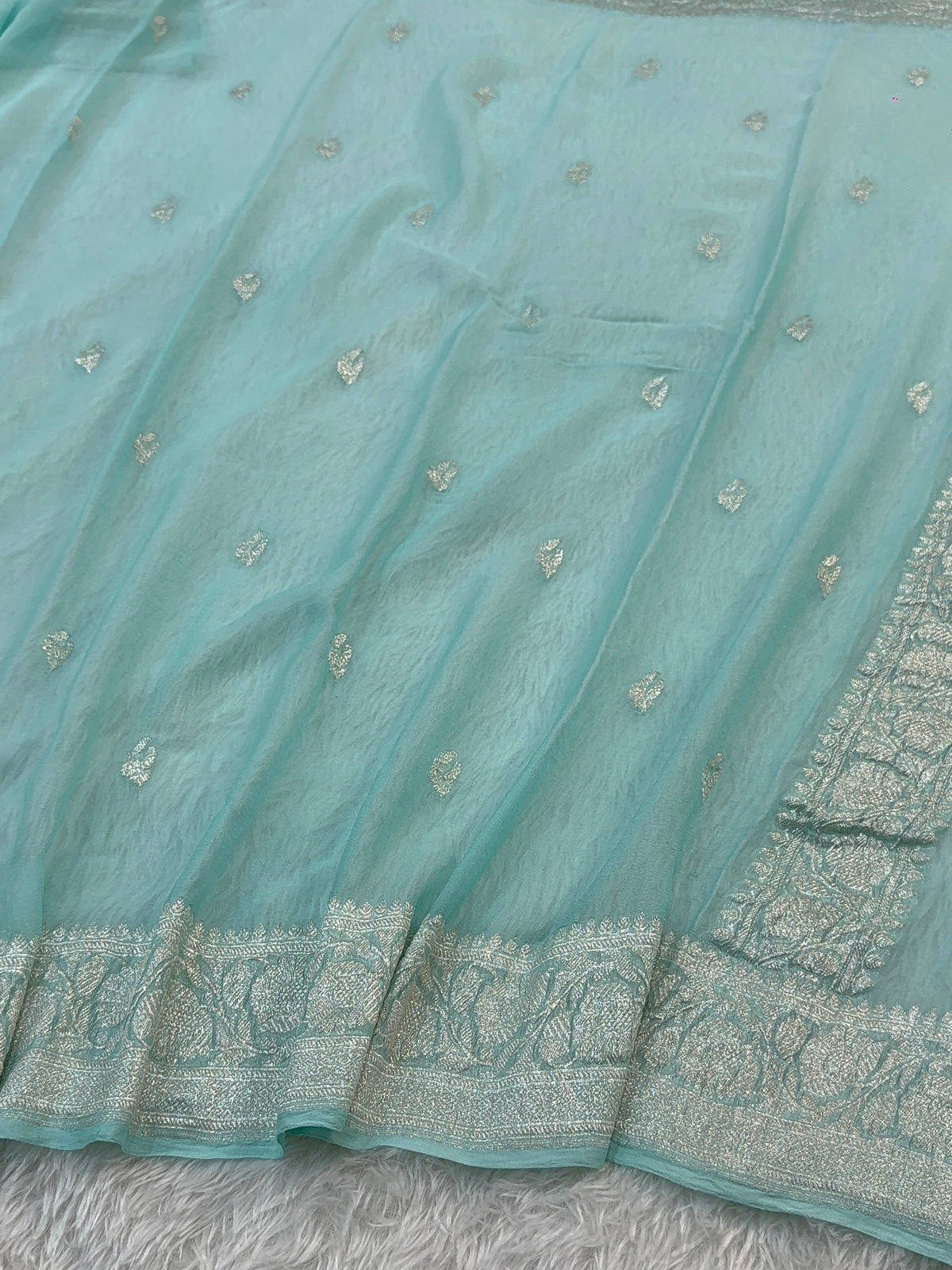 Banarasi Pure Khaddi Chiffon Saree  in Silver Zari with Small Interlocked Motifs Design in Powder Blue Colour