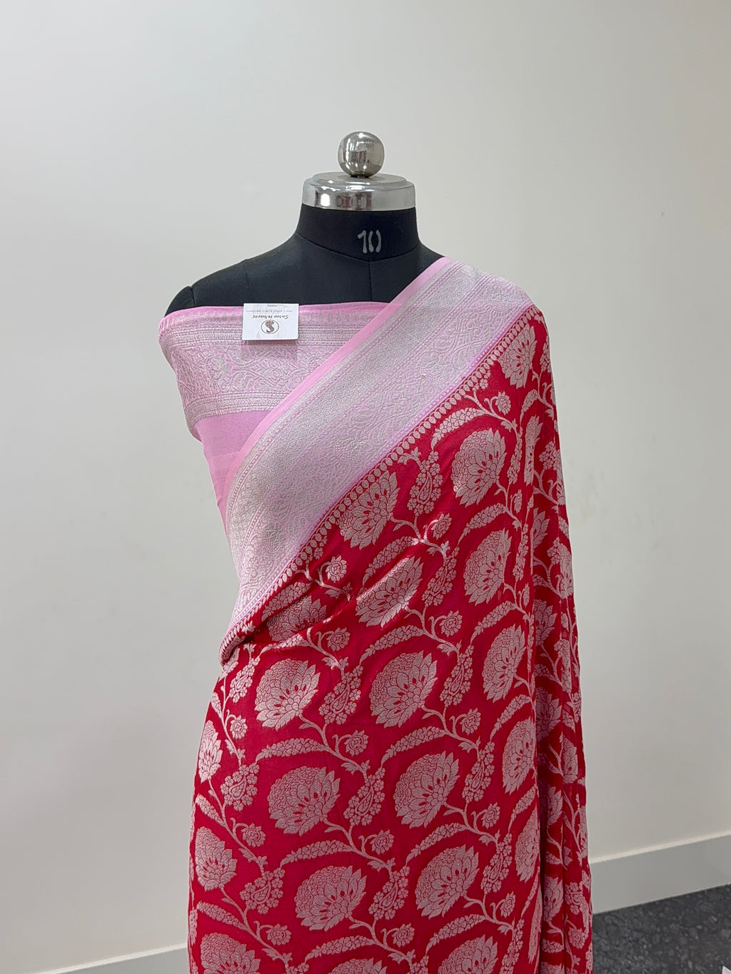 Banarasi Pure Khaddi Chiffon Saree  with Silver Zari Work In Floral Jaal Design in Red and Light Pink Colour Combination
