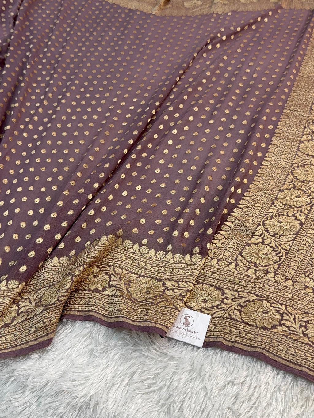 Banarasi Pure Khaddi Chiffon Saree in Border and Buti Design in Deep Purple Colour