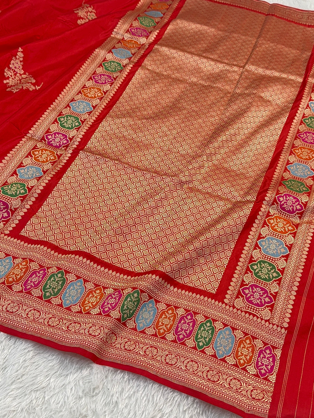 Handwoven Pure Katan Silk Saree in Large Motifs Design with Meenakari in high Percentage Zari Work in Red Colour