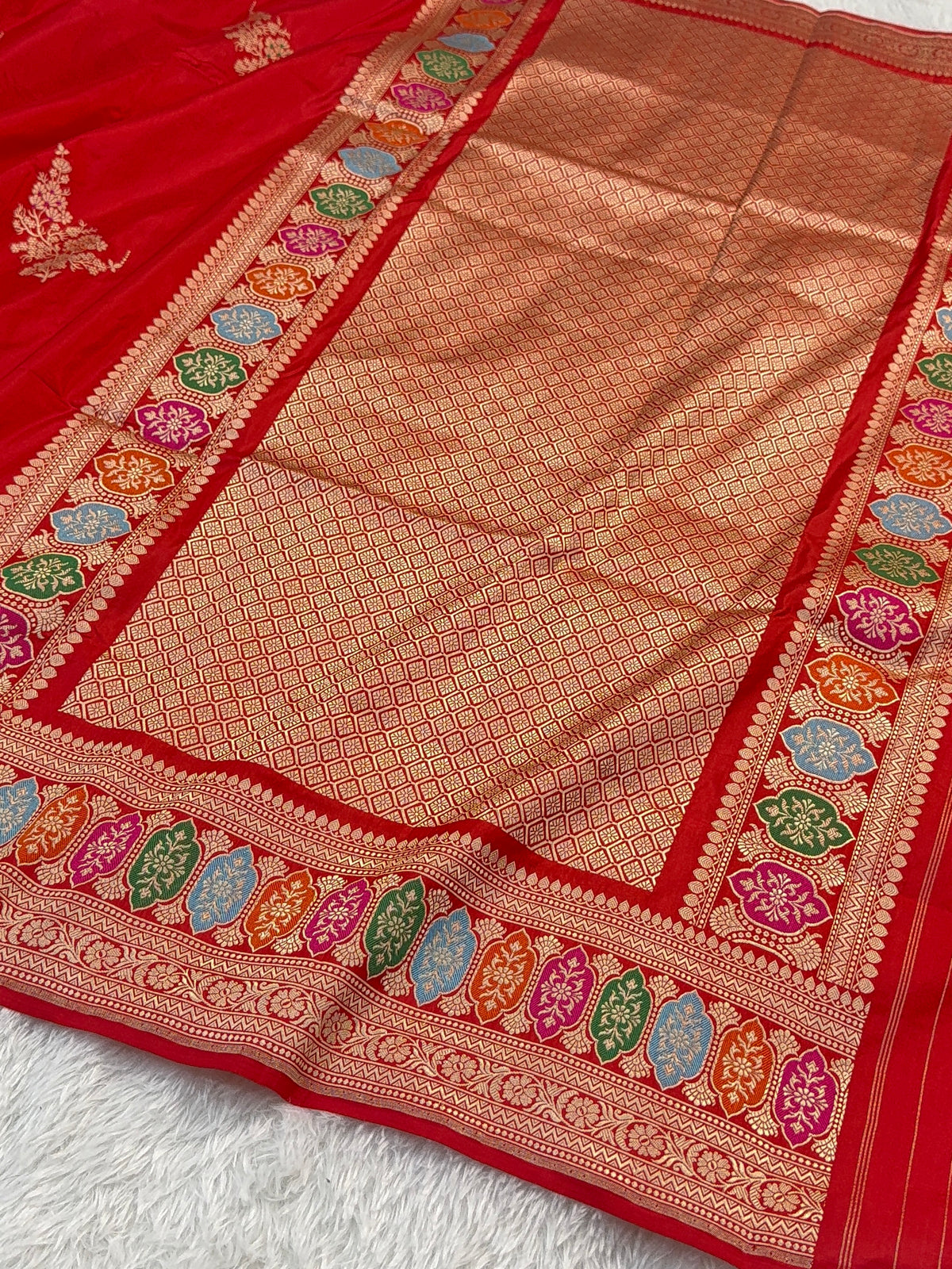 Handwoven Pure Katan Silk Saree in Large Motifs Design with Meenakari in high Percentage Zari Work in Red Colour