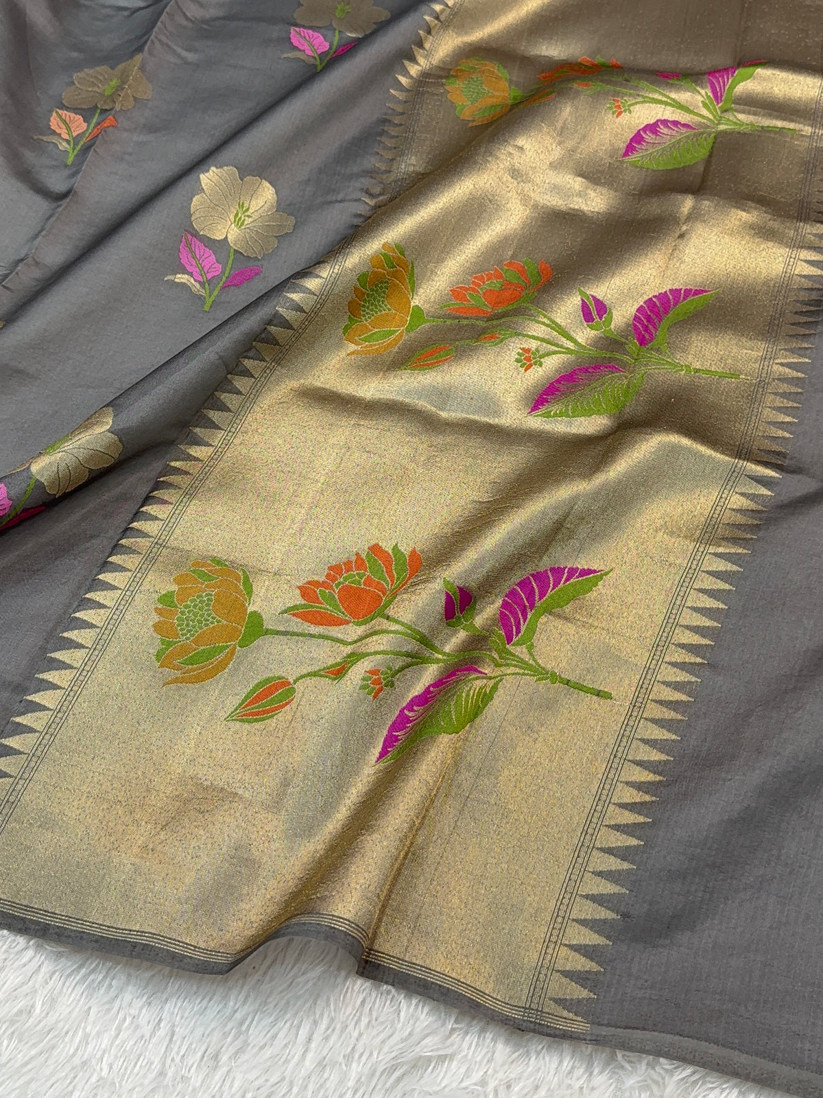 Pure Raw Mango Silk Saree with Meenakari Floral Buta Design in Grey Colour