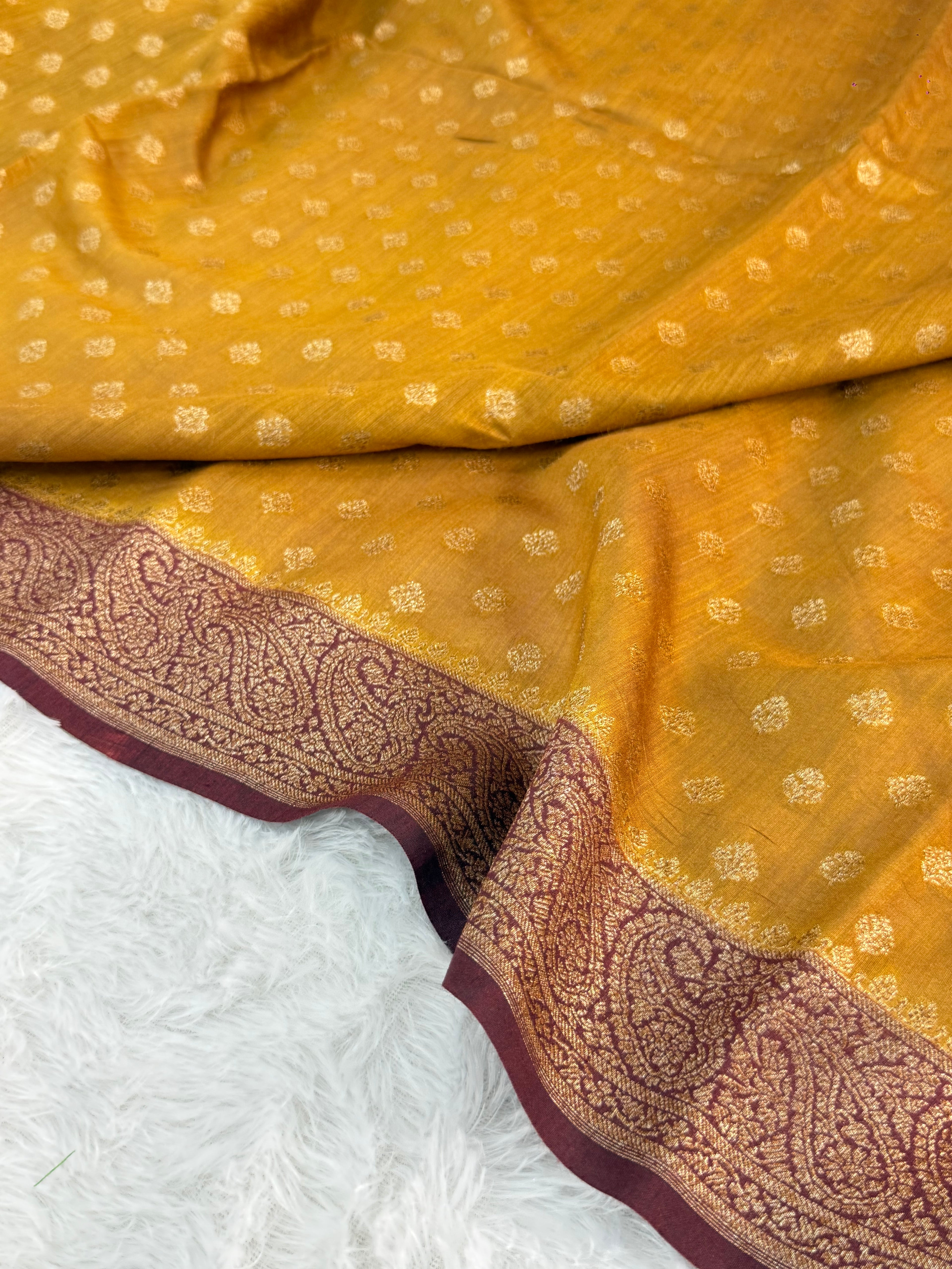 Banarasi Pure Monga Silk saree in contrast mustard and maroon color combination