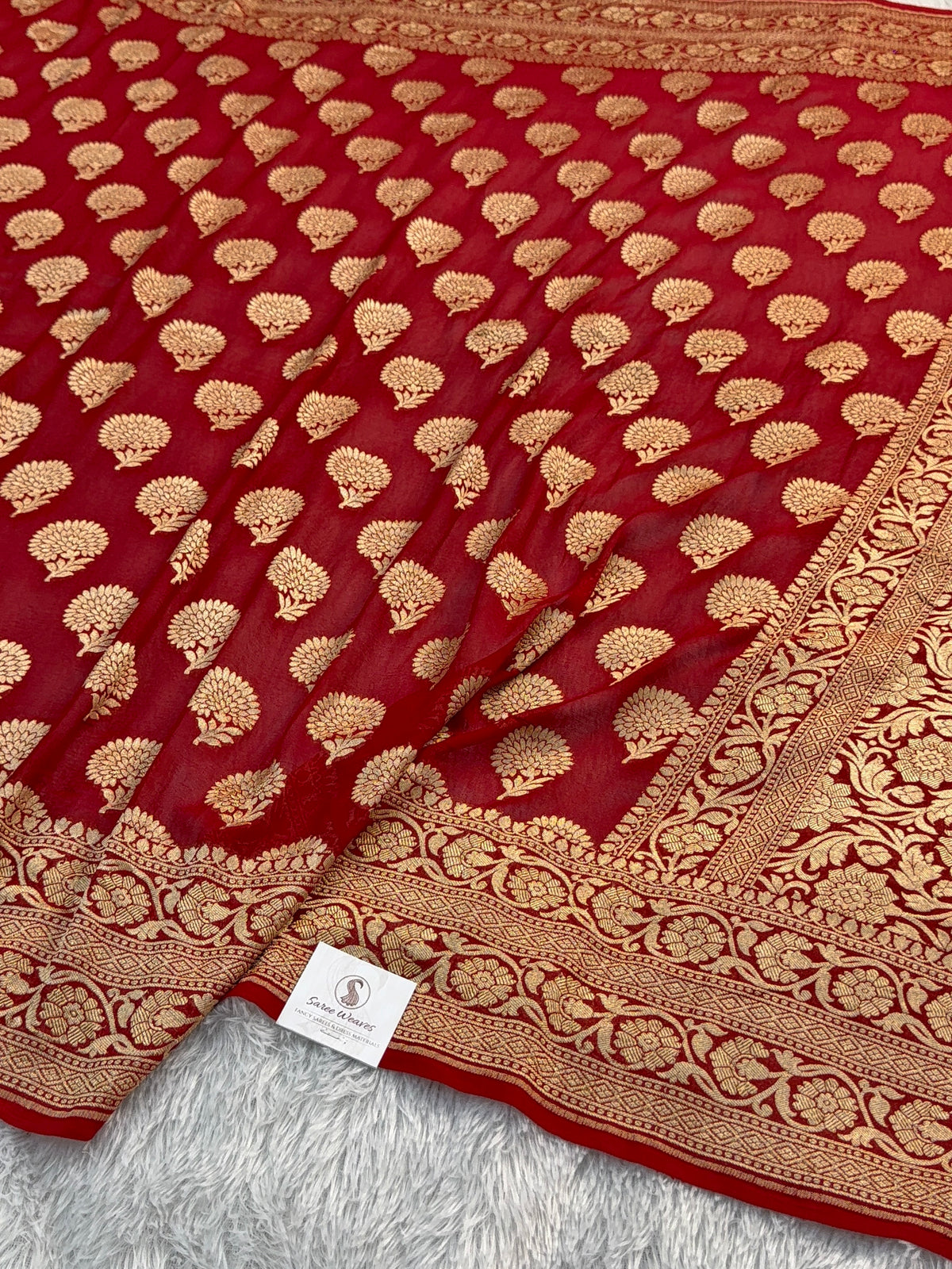 Banarasi Pure Khaddi Chiffon Saree in Floral Buta Design in Deep Maroon Colour