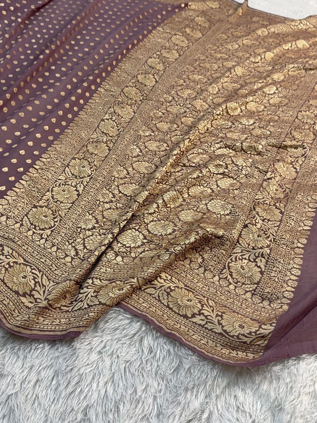 Banarasi Pure Khaddi Chiffon Saree in Border and Buti Design in Deep Purple Colour