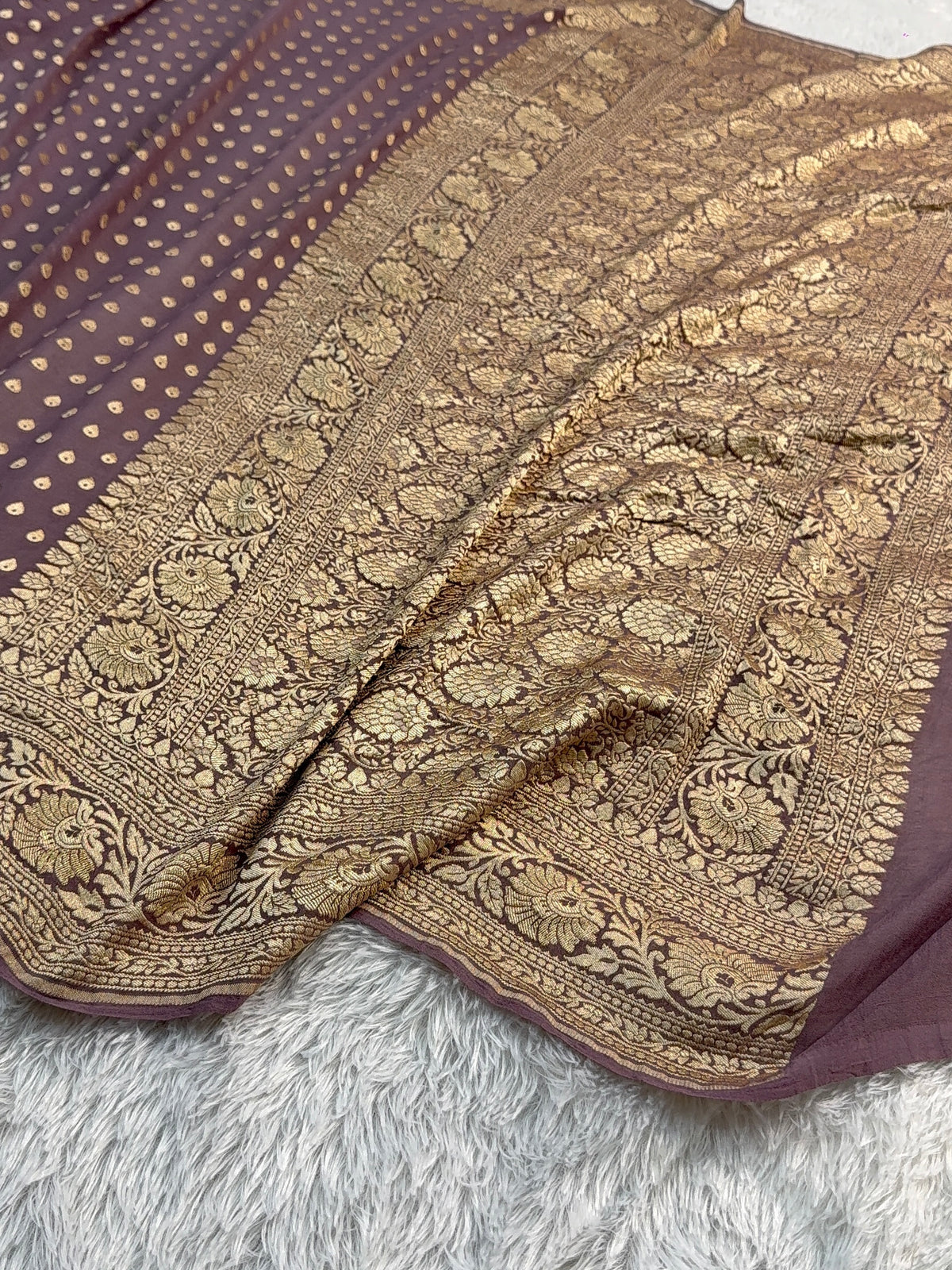 Banarasi Pure Khaddi Chiffon Saree in Border and Buti Design in Deep Purple Colour